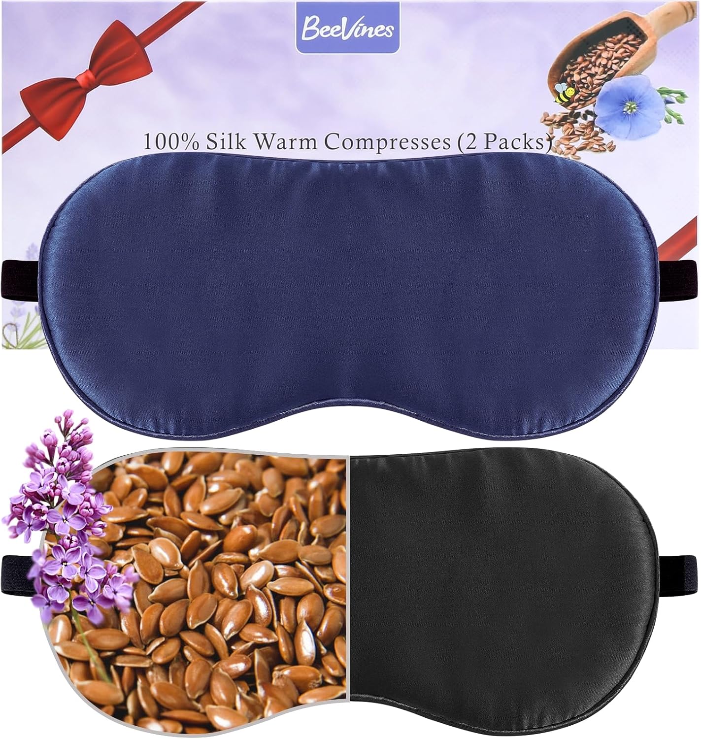 BeeVines Lavender Eye Mask for Dry Eyes, 2 Packs Moist Heat Warm Eye Compress, Microwave Activated Heated Eye Masks, Flaxseed Sleep Mask for Blepharitis, Migraine, Puffy, Pain Relief (Black & Blue)