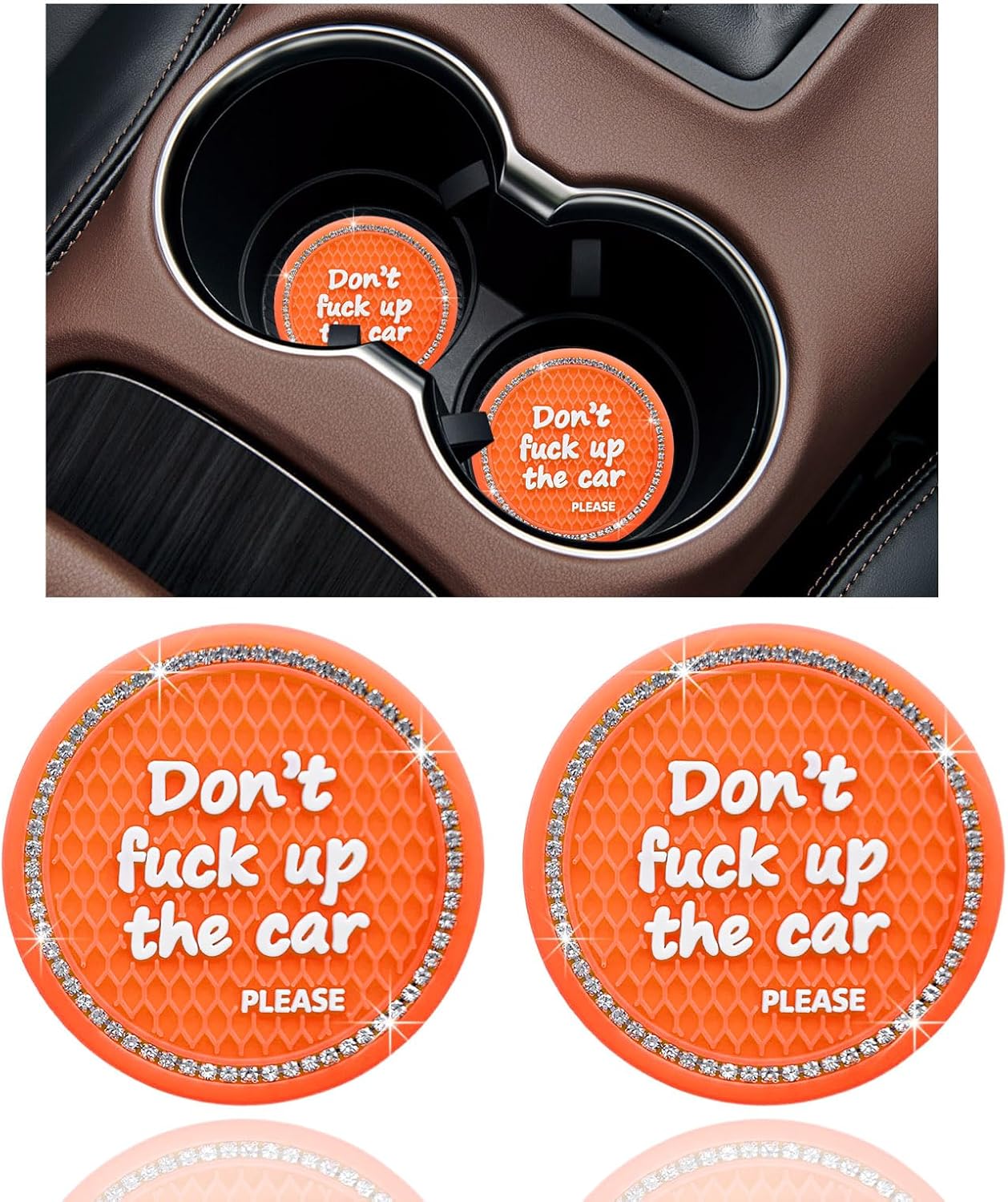 Ziciner 2 Pack Bling Car Cup Holder Coaster, 2.75 Inch Anti-Slip Auto Insert Cup Coaster, Crystal Car Drink Cup Mat Perfect for Women Girls, Universal Interior Decor Accessories (Orange)