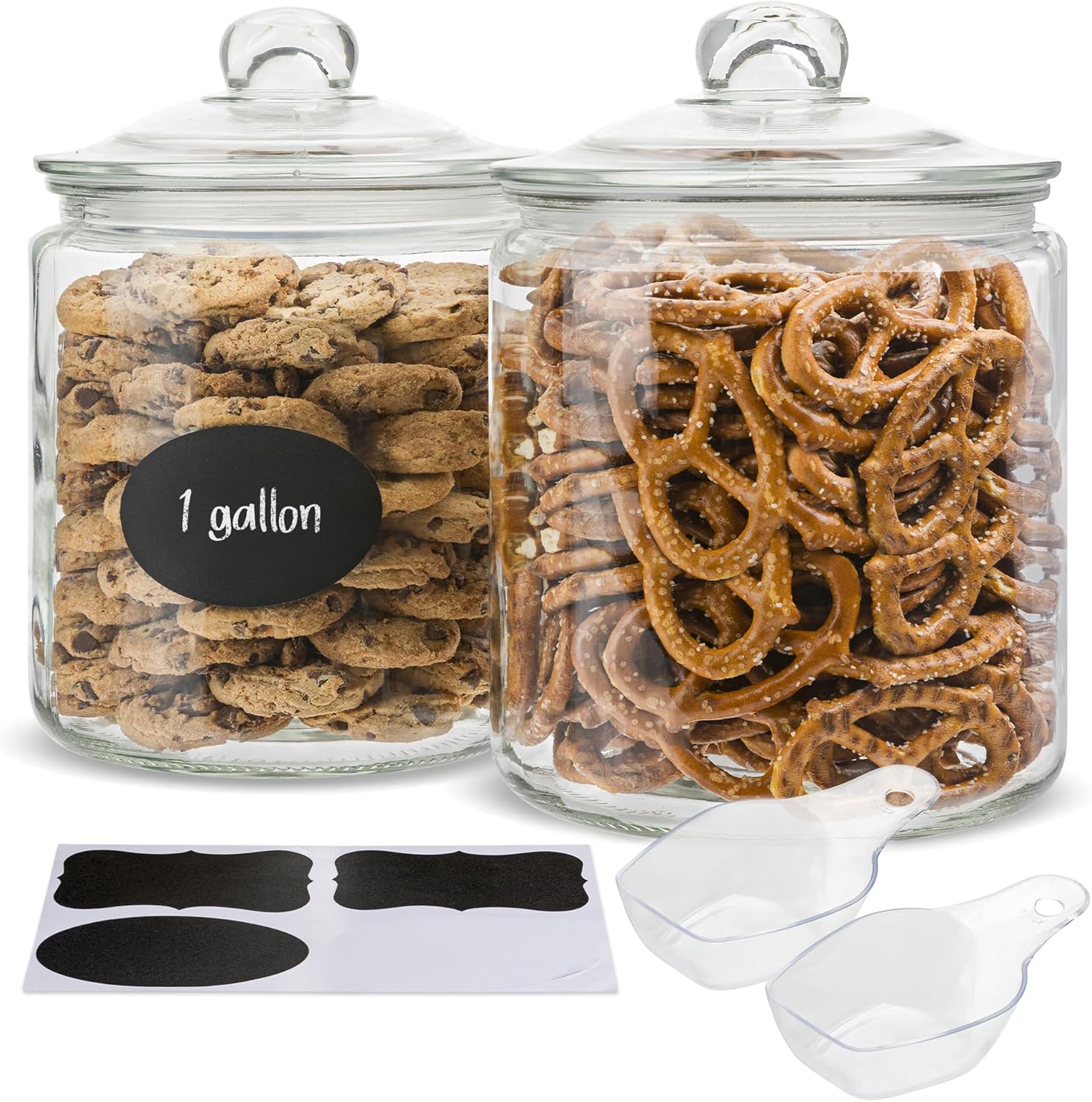 KooK Glass Kitchen Jars, Food & Cookie Storage Containers for Pantry, Bathroom Apothecary Canisters, Airtight Lids, Dishwasher Safe, with Chalk and Labels, 1 Gallon, Set of 2
