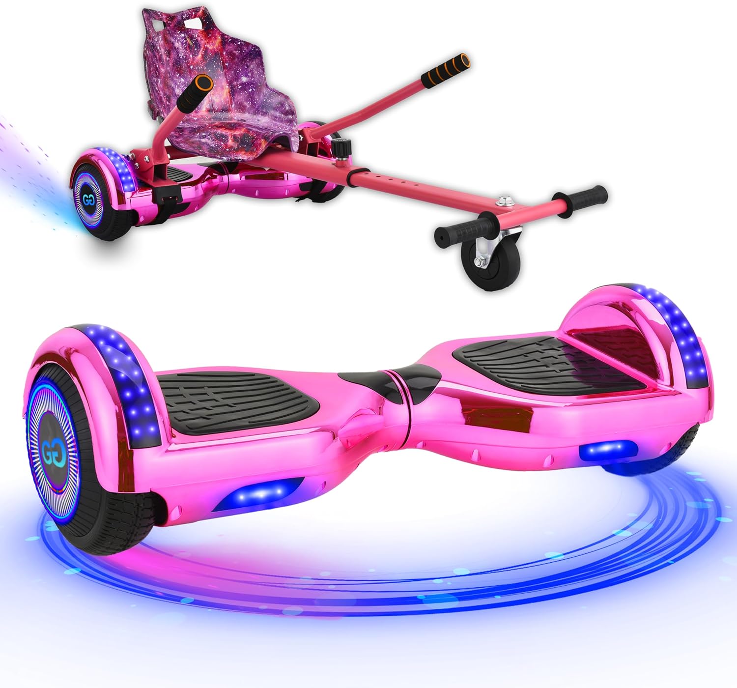 G1 Chrome Pink Hoverboard & Hoverkart Bundle | Self-Balancing 6.5" Scooter With LED Lights & Bluetooth | Go Kart for Kids, Teens, and Adults