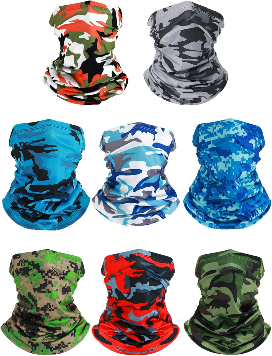 8 Pcs Summer Camo Neck Gaiter Scarf Bandanas for Men Sun Hoods Balaclava Cooling Breathable Face Mask Outdoor Sports (Camo Style, Camouflage Color)