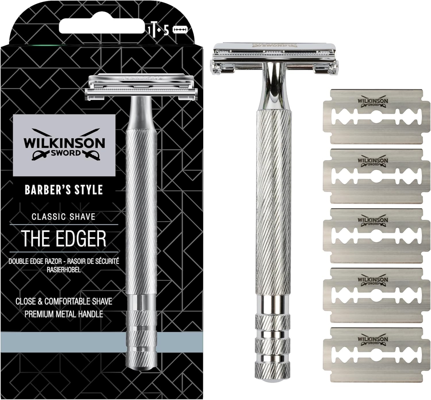 Wilkinson Sword Double Edge Razor For Men, Barber's Style Wet Shavers for a Close and Comfortable Shave, 1 Double-Sided Razor Handle plus 5 Blades Refills Pack