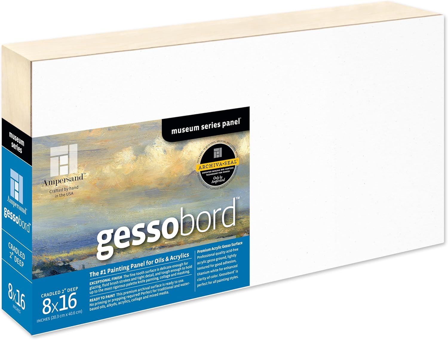 Ampersand Art Supply Gesso Wood Painting Panel: Museum Series Gessobord, 8" x 16", 2" Cradled Profile