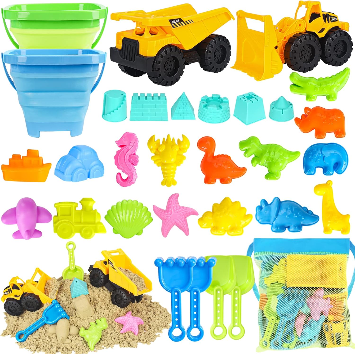 Beach Toys, 31Pcs Sand Toys with 2 Construction Vehicle and 2 Collapsible Beach Bucket, Sand Castle Building Kit, Sand Molds, Shovel Set, Mesh Bag, Summer Toys for Kids Ages 4-8