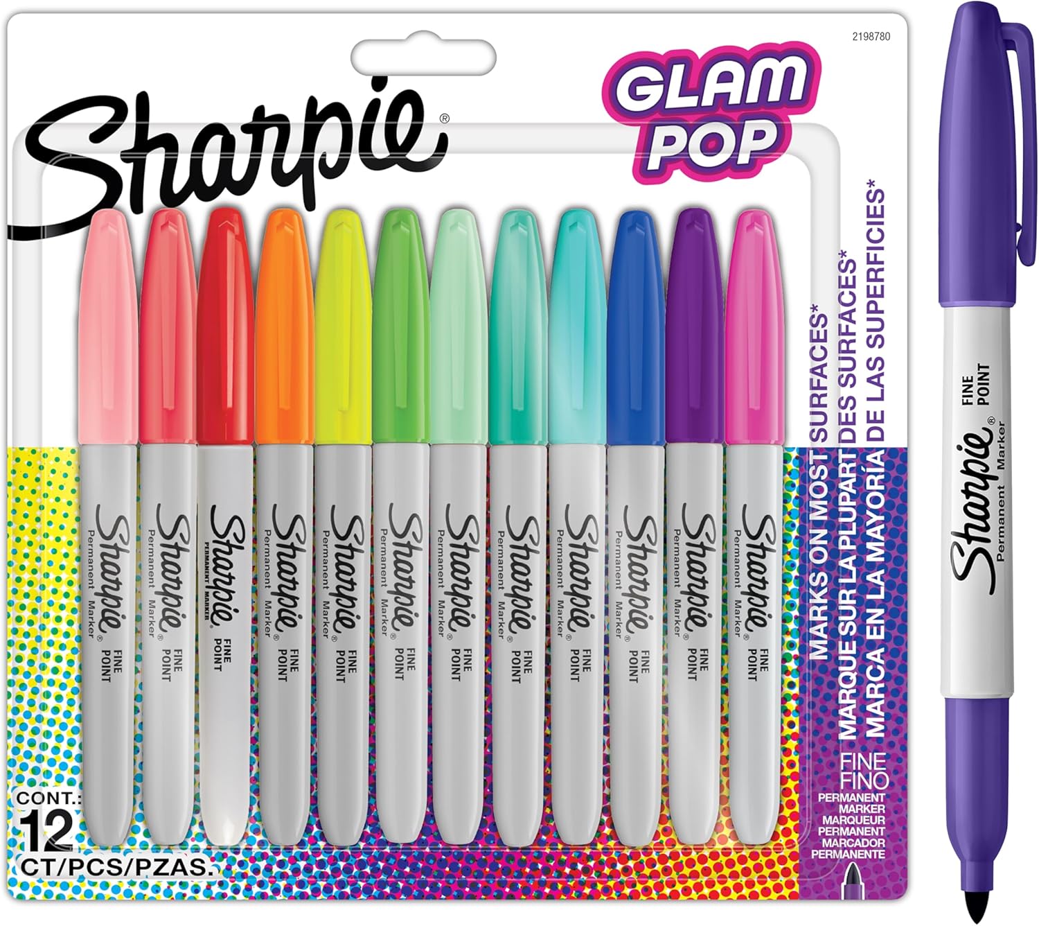 Sharpie Glam Pop Permanent Markers | Fine Point for Bold Details | Assorted Vibrant Colours | 12 Marker Pens