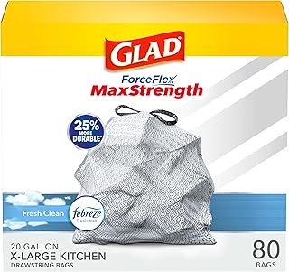 Glad Trash Bags, ForceFlexPlus XL X-Large Kitchen Drawstring Garbage Bags - 20 Gallon Grey Trash Bag, Fresh Clean with Febreze Freshness 80 Count (Package May Vary)