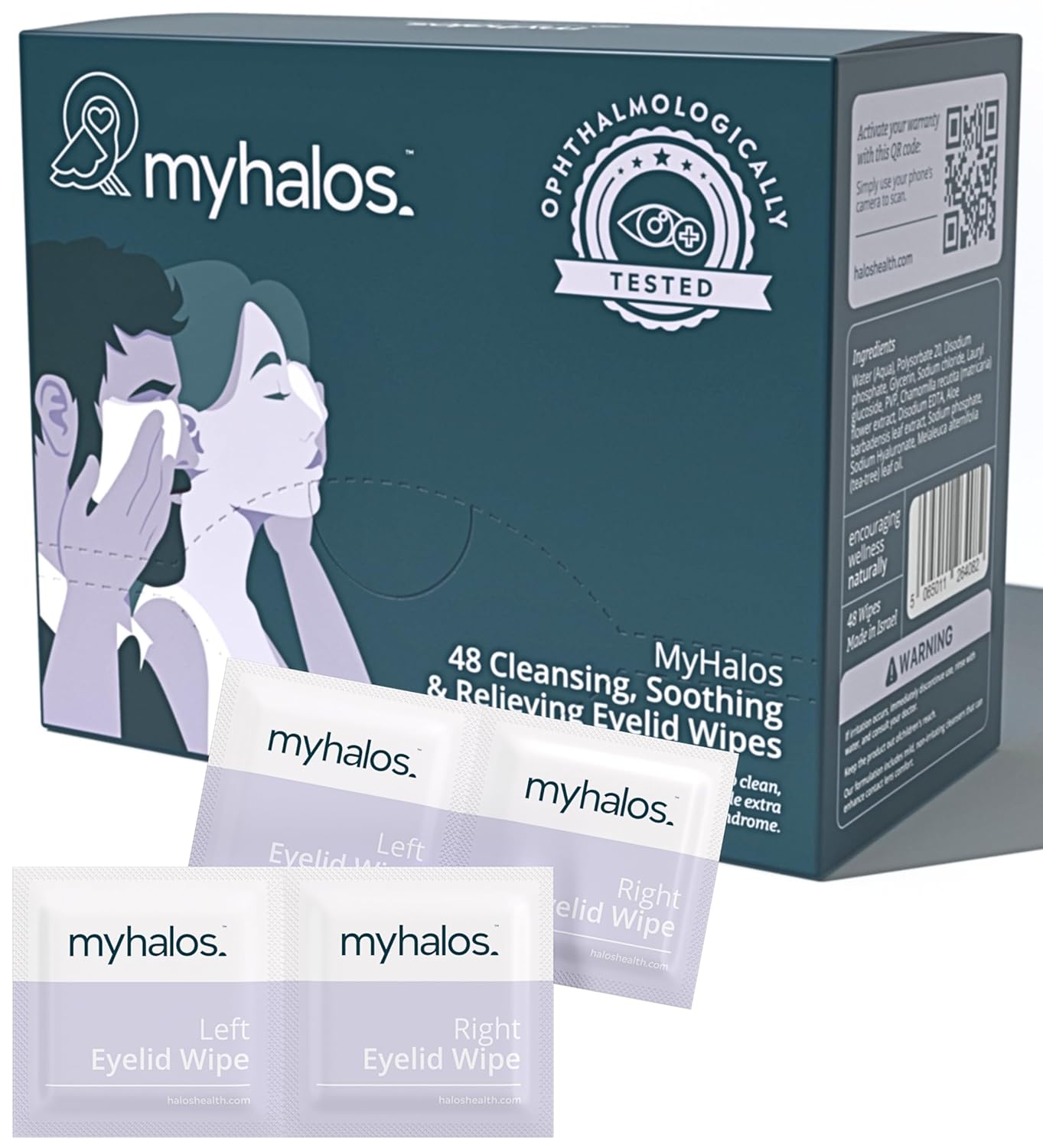 MyHalos 48 Hydrating Eyelid Wipes for Dry Eye Relief and Computer Vision Syndrome - Moisturising and Soothing Eye Wipes for Dry Eyes, Helps with Blepharitis - Gentle Formula with Tea Tree