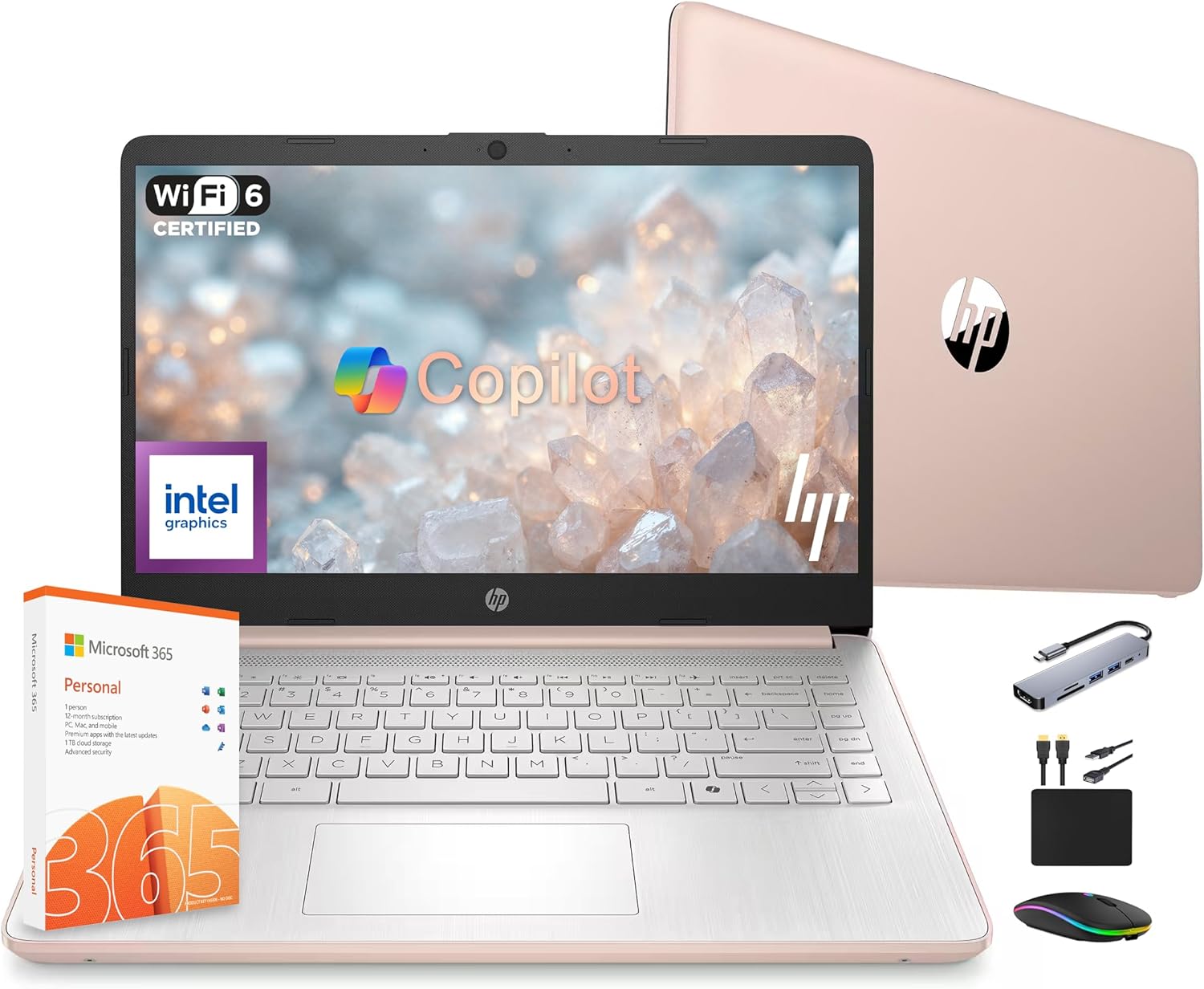 HP 14 Laptop Computer 2025 Ultra Light, AI Copilot Student Business, Quad-Core Intel, 16GB RAM, 628GB Storage (128GB UFS+ 500GB Ext), 1 Yr Office 365, 12 Hr Battery MarxsolAccessory Win 11S, Rose Gold