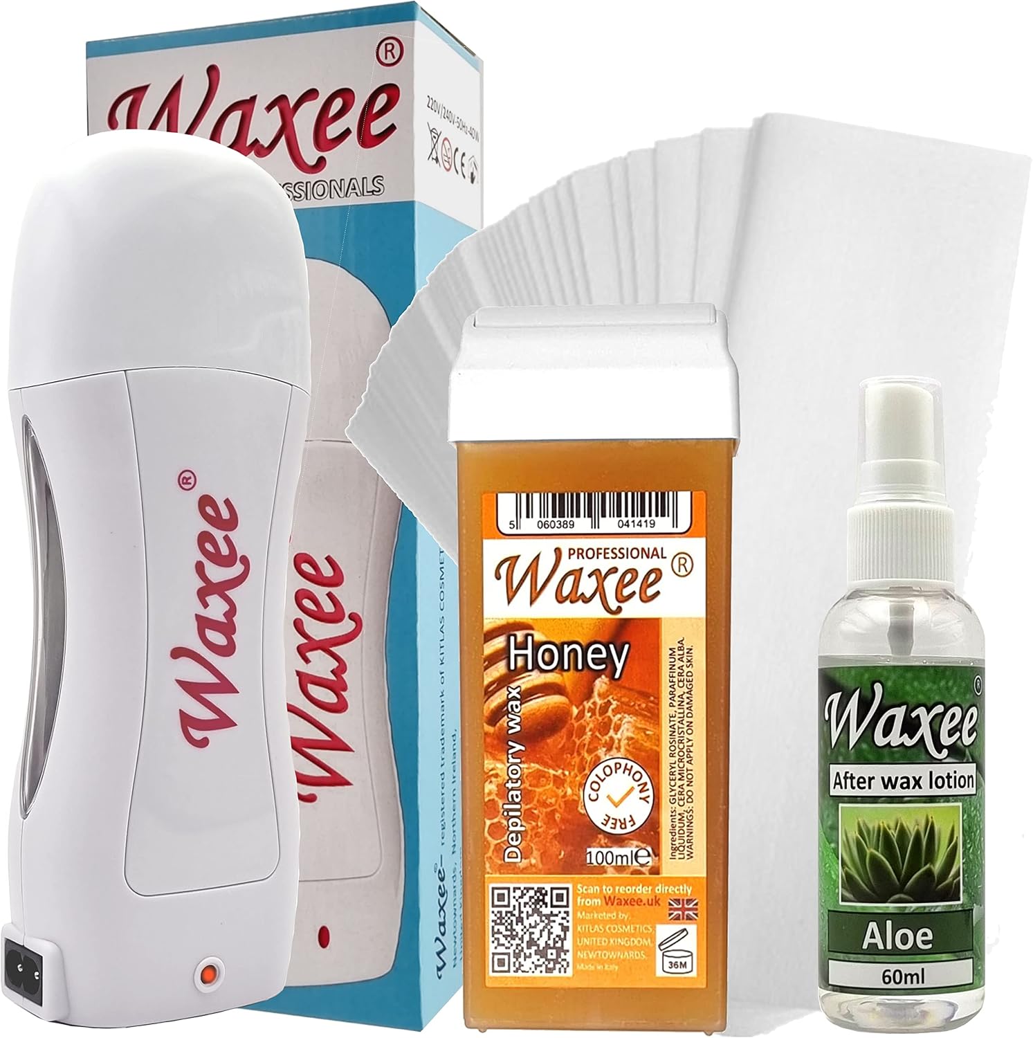 Waxee Roll On Waxing Kit: 100ml Roller Wax Honey, Wax Heater, Strips, After Wax Oil. For Legs & Body. Unisex Adults