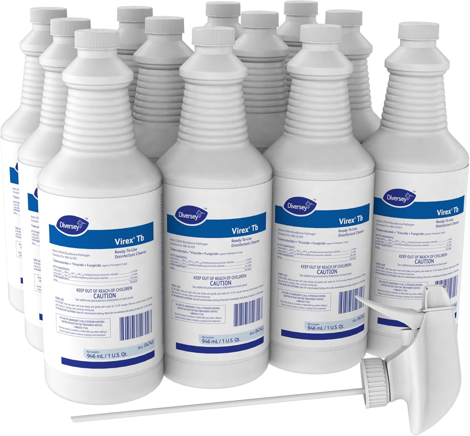 VIREX Diversey Tb 04743. Disinfectant Cleaner, Hospital Use Tuberculocidal, Virucide, Fungicide with Lemon Scent, Ready-to-Use Liquid, 32-Ounce