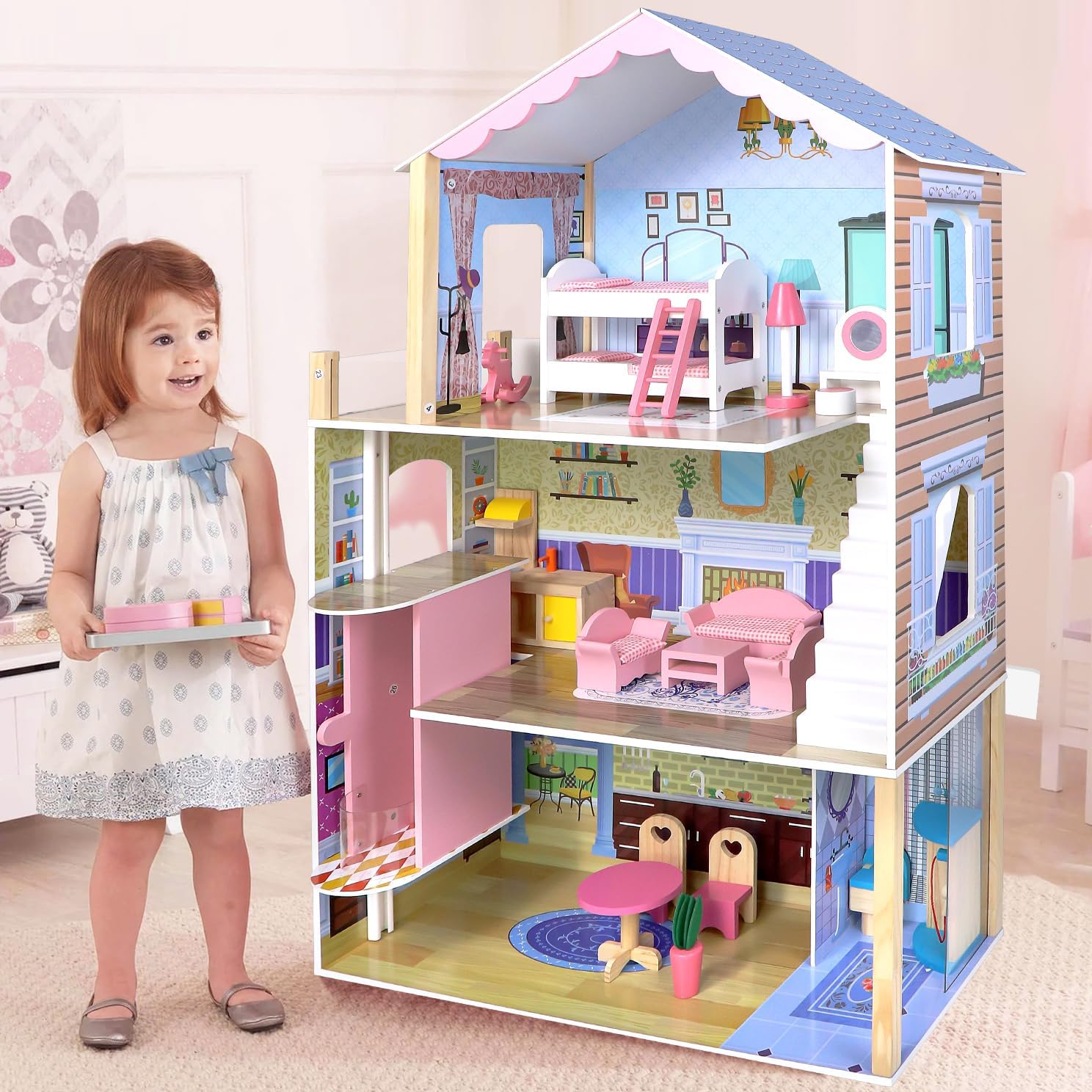 Dream Dollhouse Wooden Dollhouse for Kids with Doll House Accessories and Furniture Suitable for Ages 3 and up Including Toy Figures Furniture Accessories Easy to Assemble
