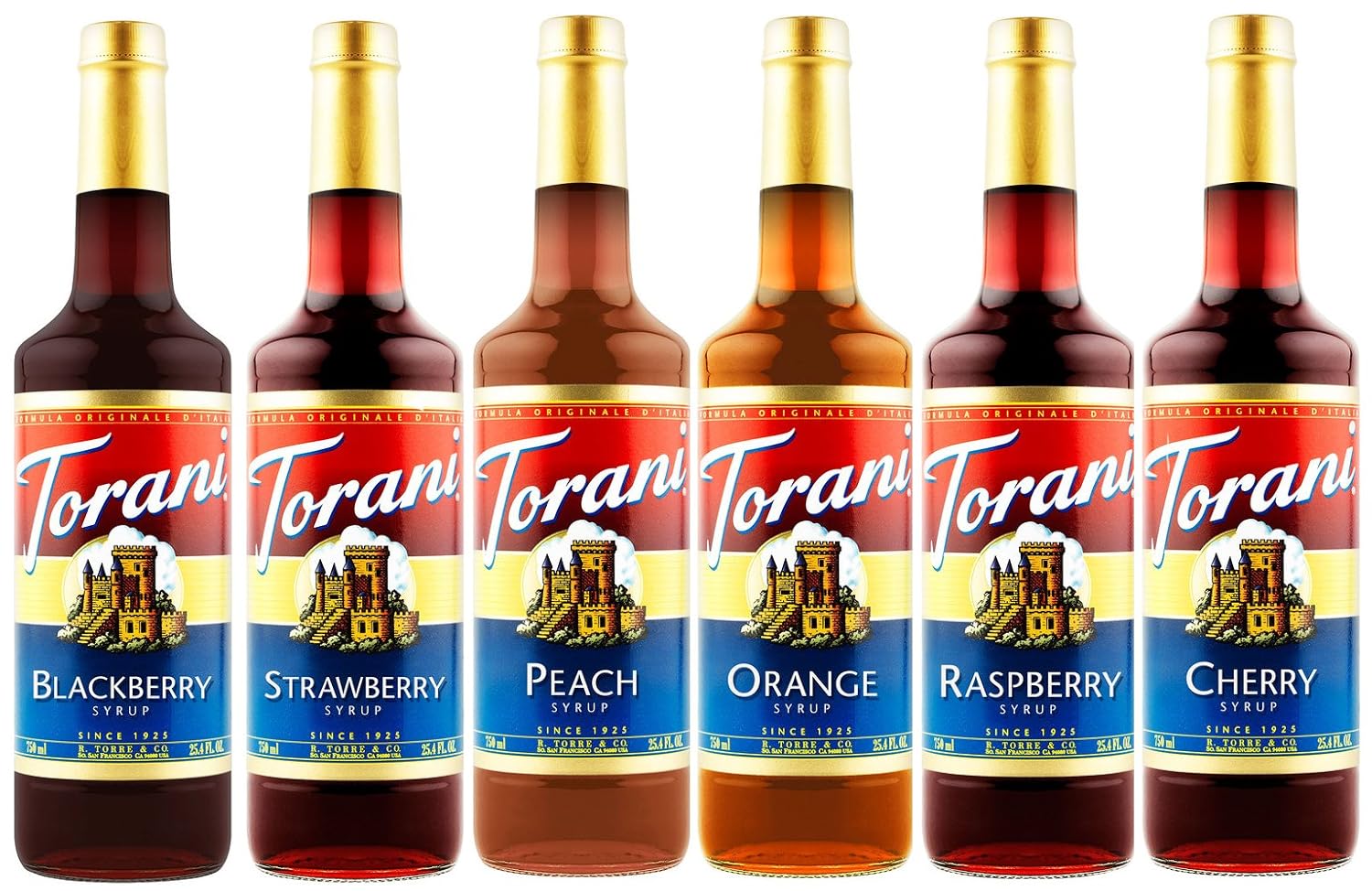 Torani Syrup Fruit Bowl 6 Pack, Raspberry, Strawberry, Blackberry, Cherry, Orange and Peach