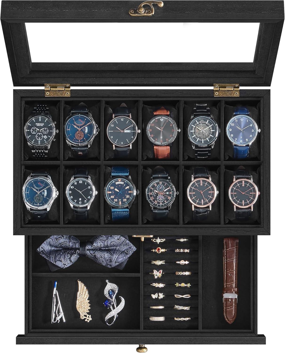 SONGMICS Watch Box with 12 Slots, 2-Tier Wood Watch Case with Large Glass Lid, Watch Pillows, Velvet Lining, Jewellery Box, Gift for Loved Ones, Ink Black JOW012B02
