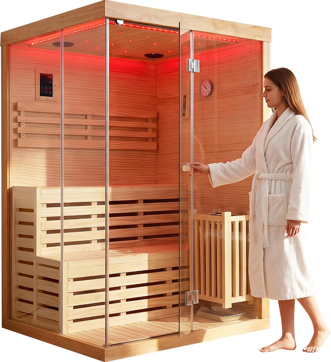 OUTEXER 2-3 Person Steam Sauna Traditional Saunas 240V 3KW Home Spa Room | Wet Indoor Saunas 7 Color LED Lights with Heater, Sauna Stone, Wooden bucket, Spoon, Thermometer, Hourglass, Cup holder