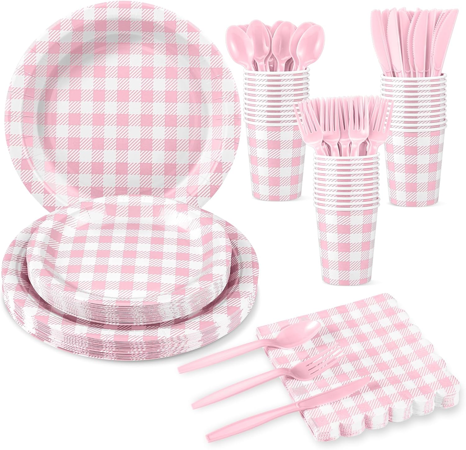 175 Pcs Gingham Party Supplies Include Light Pink Gingham Plates and Napkins Cups Plastic Cutlery Disposable Pink and White Checkered Plates Set for Picnic, Baby Shower, Wedding