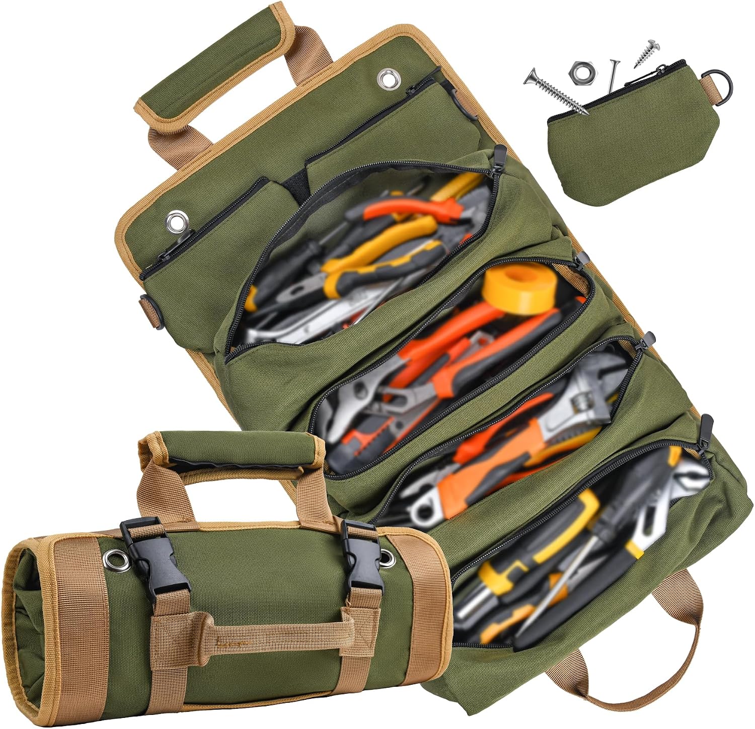 Tool Bag, Tool Bags for Men, Heavy Duty Tool Organizer, Portable Roll Up Tool Bag Gifts For Him, Mechanic, Electrician and Hobbyist, Car Tool Roll Organizer -Green