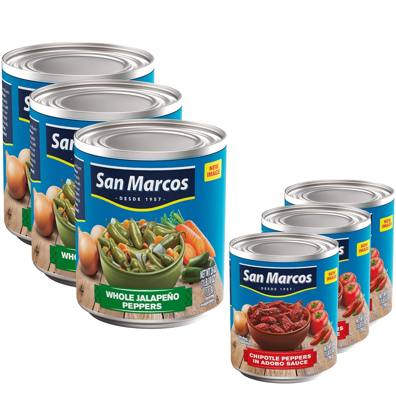 3 x San Marcos Whole Jalapeno Peppers, 26 oz and 3 x San Marcos, Chilpotle In Adobo Sauce, 7.5 Ounce