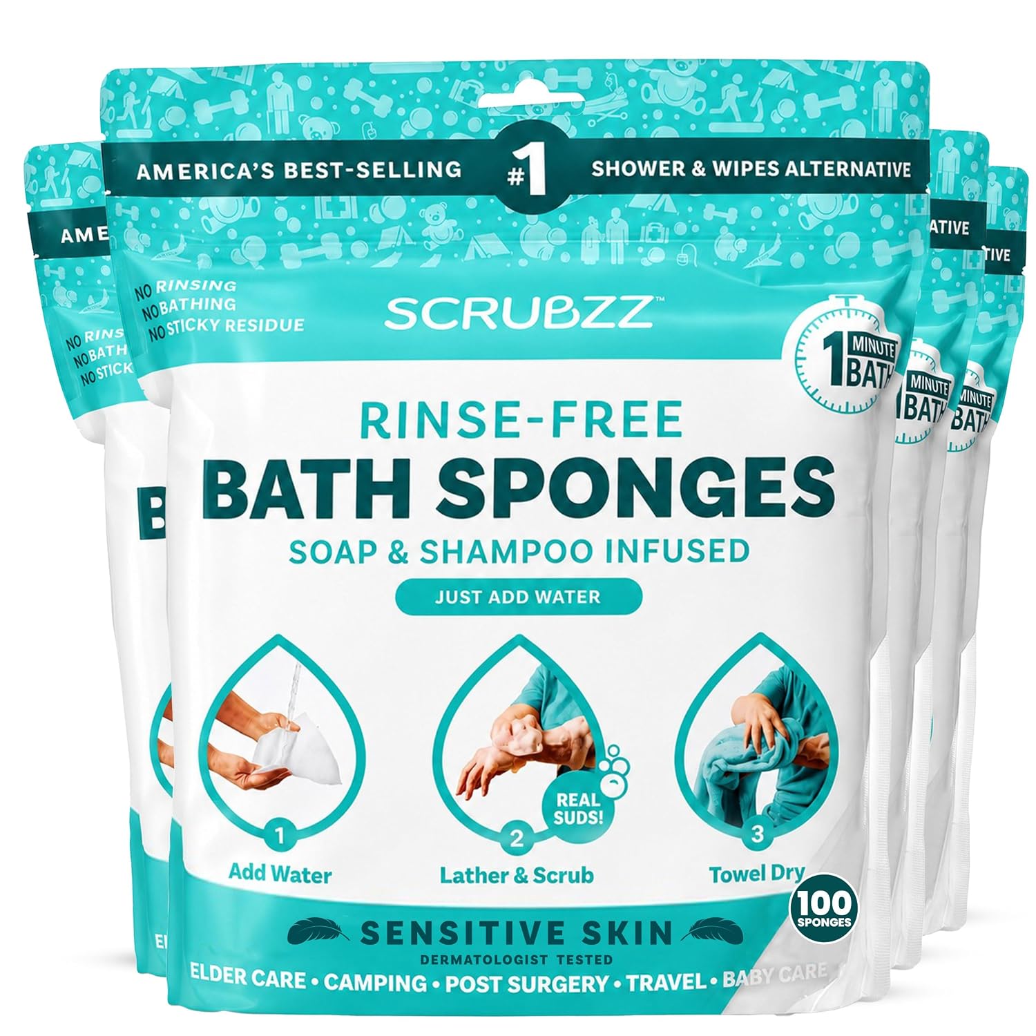 Scrubzz Disposable No Rinse Bathing Wipes for Sensitive Skin - All-in-1 Single Use Shower Wipes, Simply Dampen, Lather, and Dry Without Shampoo or Rinsing (Sensitive Skin, 4-Pack)
