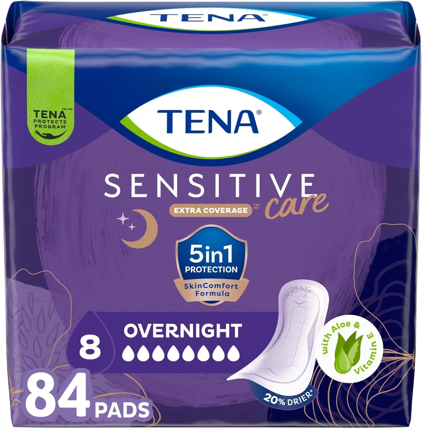 TENA Sensitive Care Incontinence Pads, Bladder Control & Postpartum for Women, Overnight Absorbency, Sensitive Care - 84 Count