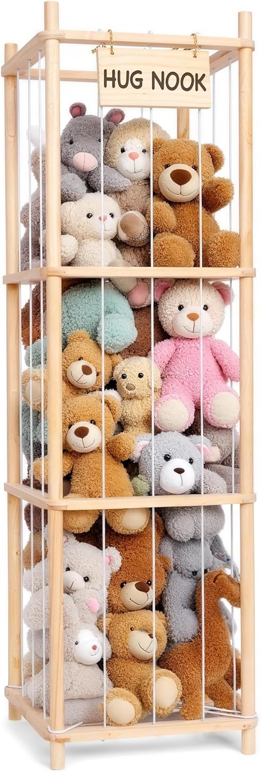 Stuffed Animal Storage Organizer, Wooden Plushies Storage, Space Save Toy Storage Organizer, Stuffed Animals Zoo Holder for Playroom, Bedroom Home Decor