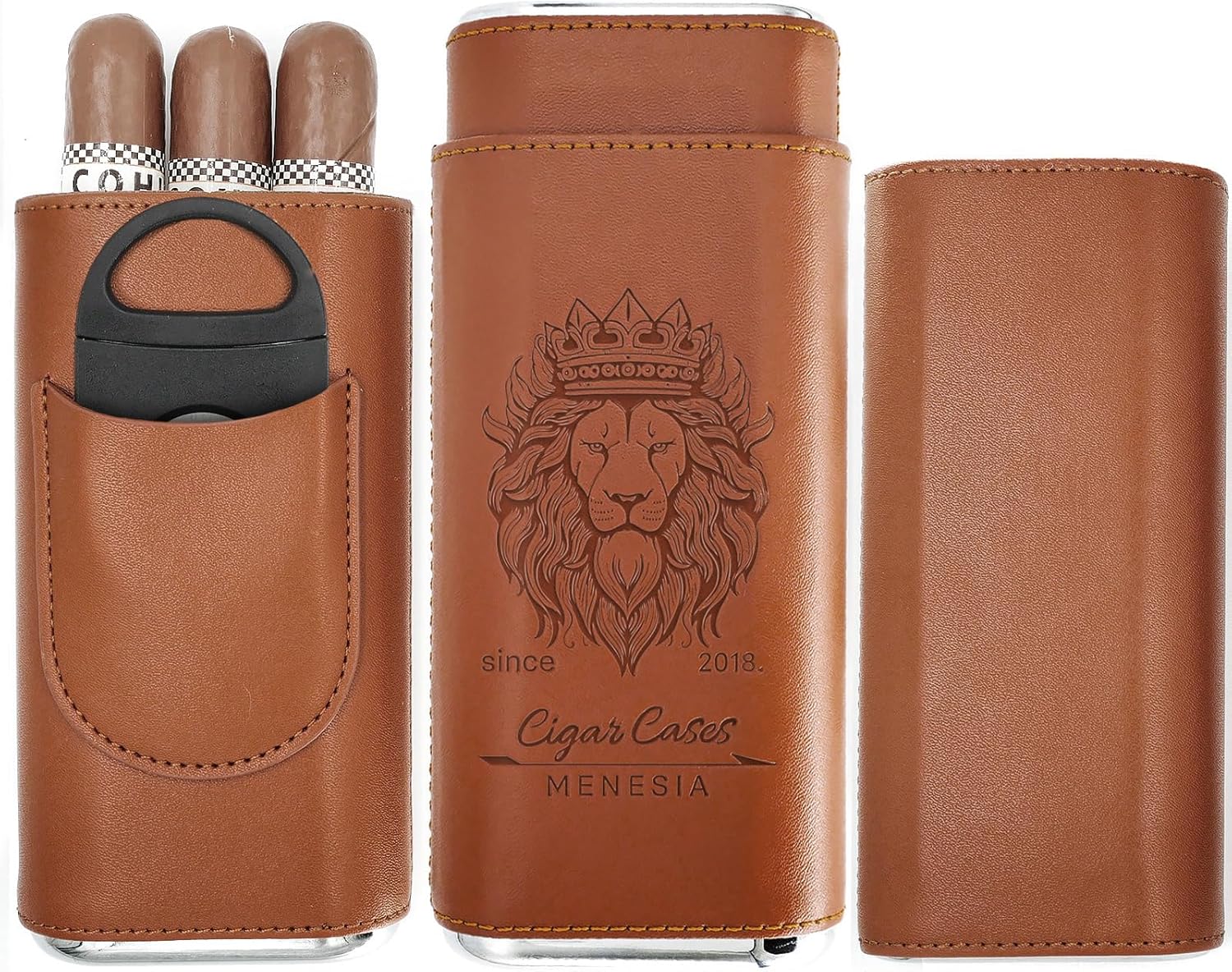Brown Cigar Case with Cutter - Portable Leather Travel Cigar Holder and Pouch Kit for Men