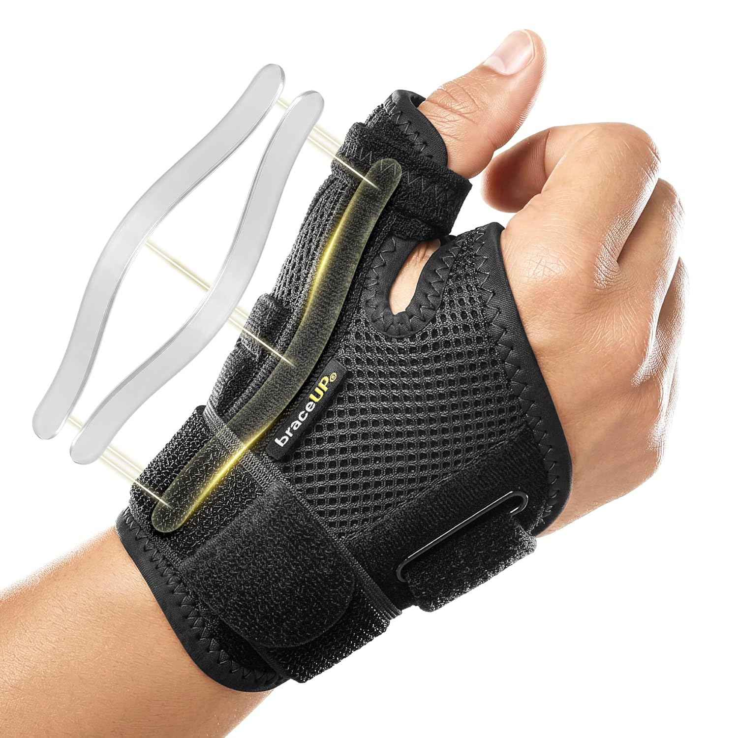 BraceUP Thumb Support Brace - Splint for Spica and Hand Support, for Arthritis, Tendonitis, Carpal Tunnel Pain Relief and Thumb Sprain (Black)