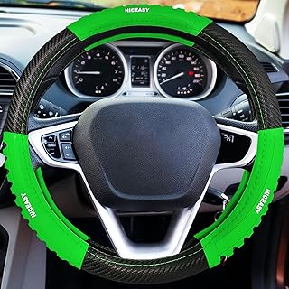 Sport Style Black Carbon-Fiber Steering Wheel Cover with Green Grip Steering Wheel Accessory,Universal Fit 14.75-15 inch Steering Wheel
