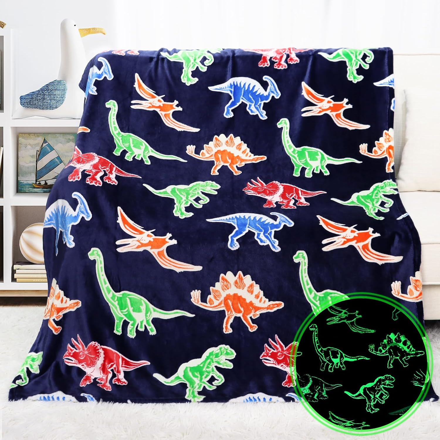 Glow in The Dark Dinosaur Toddler Throw Blanket for Boys, 40"x60"