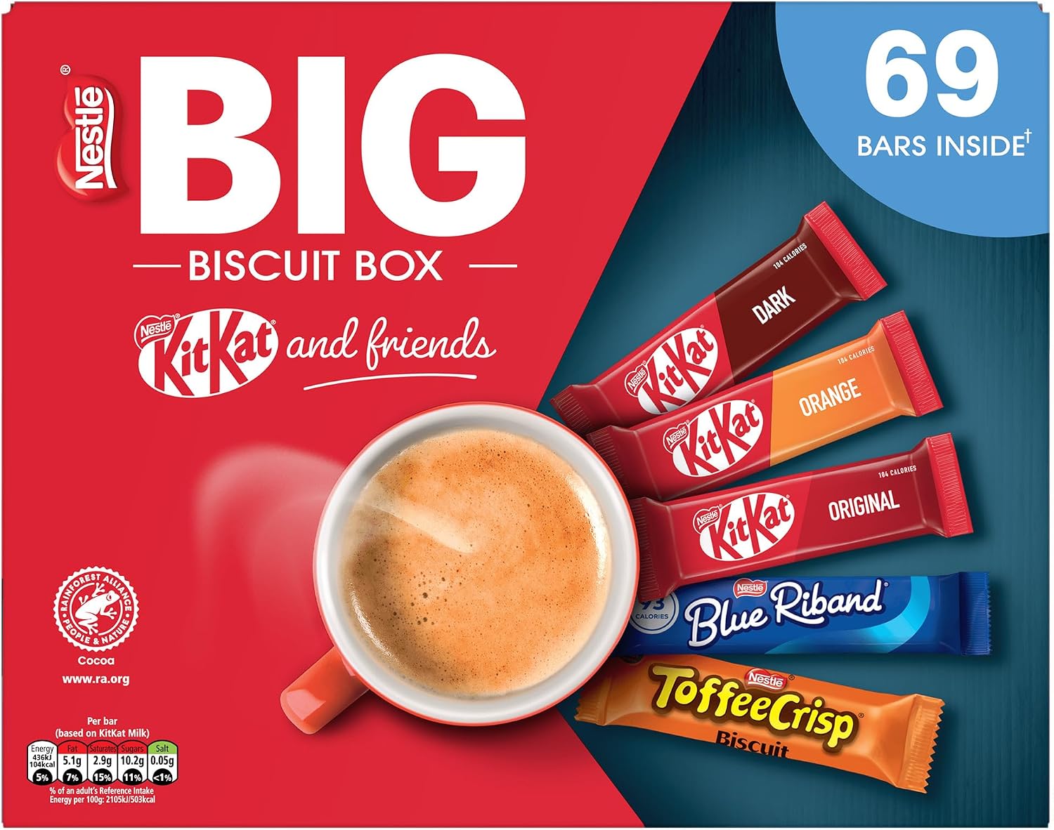 Nestlé Kitkat and Friends Big Biscuit Box | 69 x Chocolate Biscuit Bars - KitKat, Blue Riband, Toffee Crisp | Bulk Chocolate Box 1.357kg