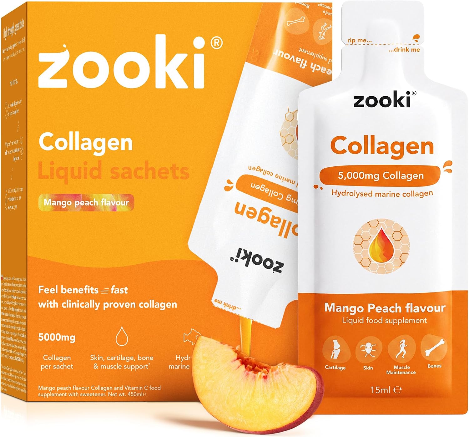 Zooki Marine Collagen 5,000mg Liquid Sachets, Mango Peach, 14 Servings