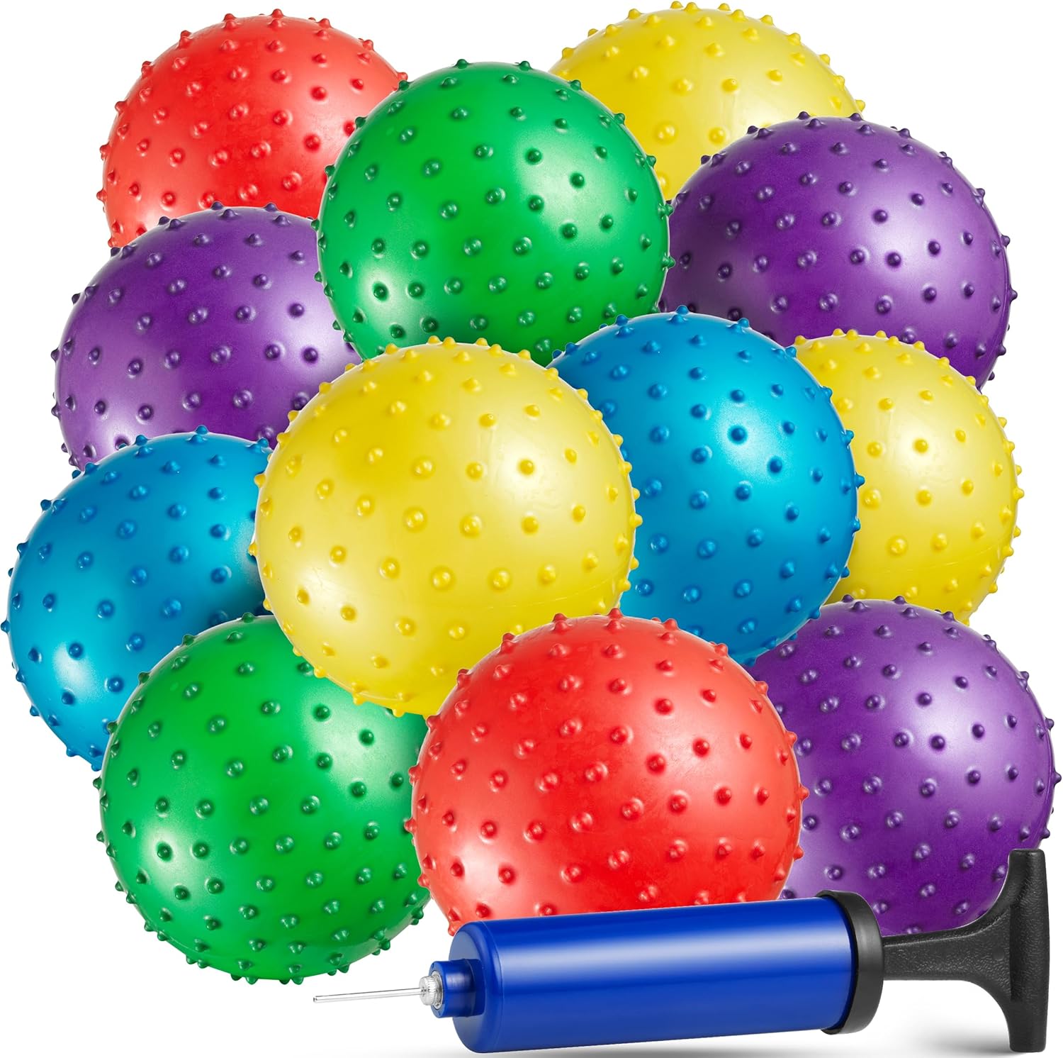 Bedwina Mini Knobby Balls - (Pack of 12) Bulk 5 Inch Sensory Balls and Spiky Massage Stress Balls with Pump, Fun Bouncy Ball Party Favors