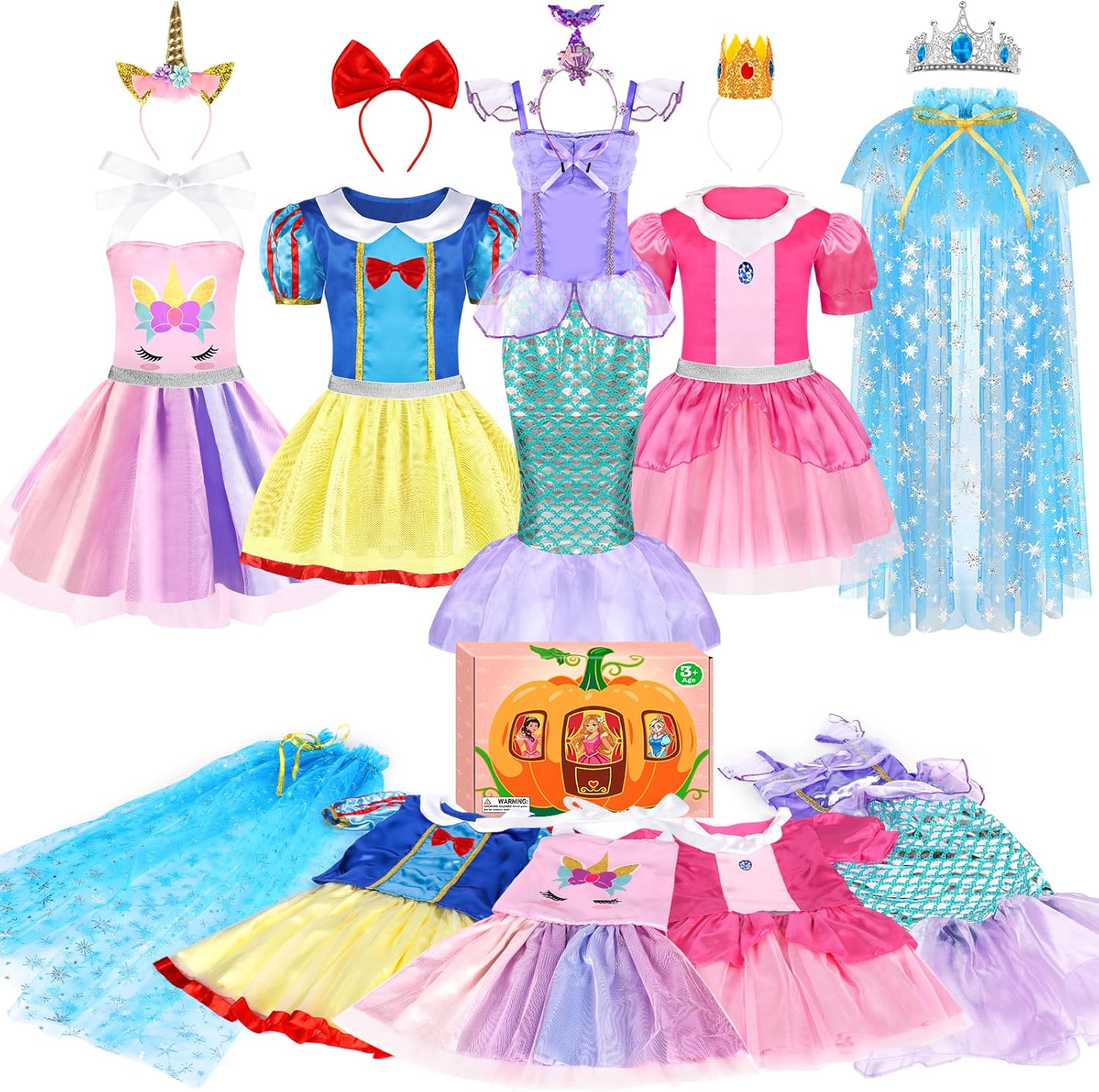 Princess Dress Up, Dress Up Clothes for Girls 3-6, Cosplay Princess Costume Gift Set with Princess Dresses and Princess Toys, Pretend Play Toddler Girl Toys, Halloween Christmas Birthday Gift