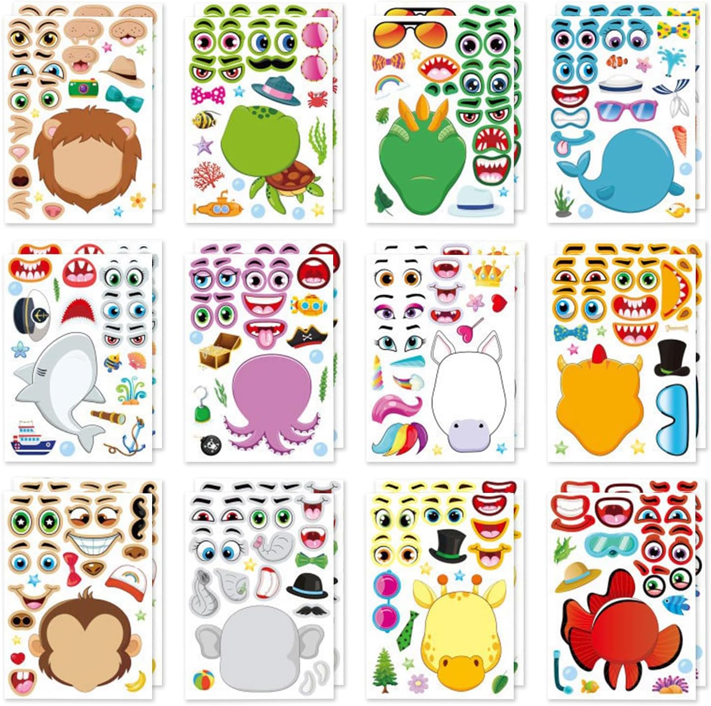 24 PCS Make a Face Animal Stickers Make Your Own DIY Stickers for Kids Animal Sticker Faces for Party Bags Home Activities Kids Party Favor Supplies