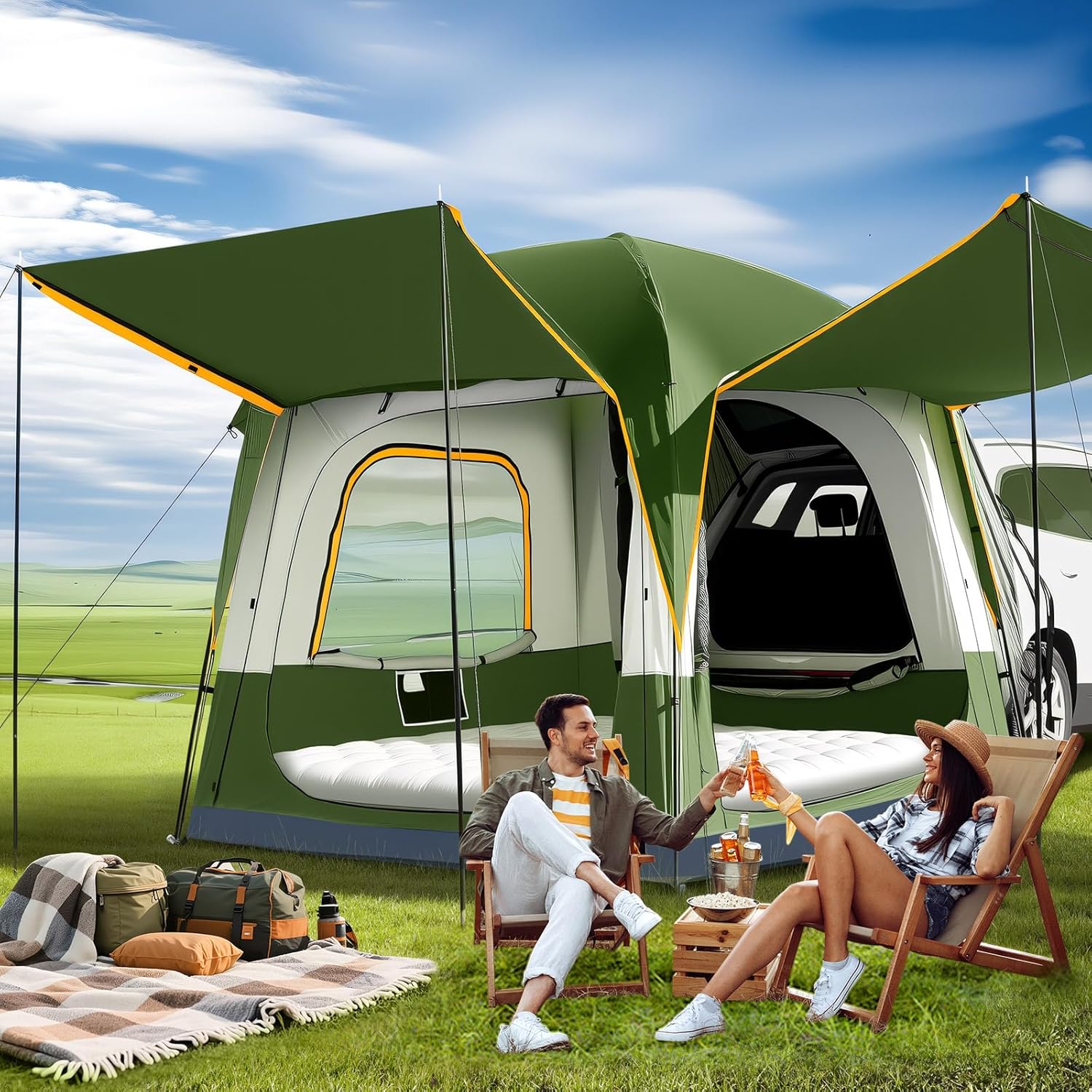 SUV Tents for Camping, Car Tents for Camping 4-6 People, PU 3000mm Waterproof SUV Tent Attachment Tailgate Tent for Car Jeep Van, Spacious Space 8.2'L x 8.2'W x 7.2'H with 2 Awnings & Double Door