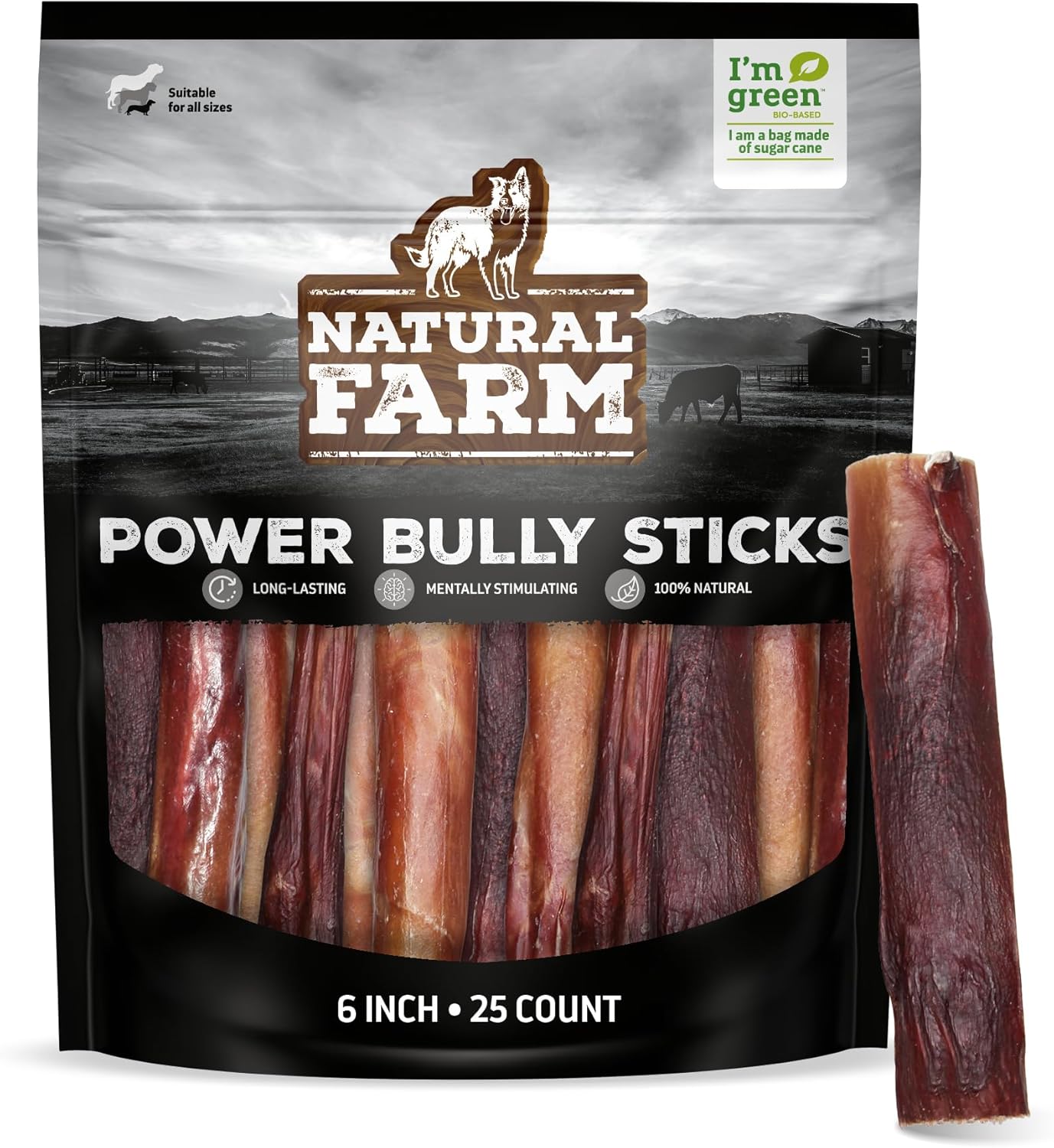 Natural Farm Power Bully Sticks Dog Chews (6”, 25-Pack), 2-in-1 Power Chews: Premium Beef Cheek Wrapped in Beef Pizzle, Long-Lasting, Great Dog Dental Treats for Small, Medium & Large Dogs