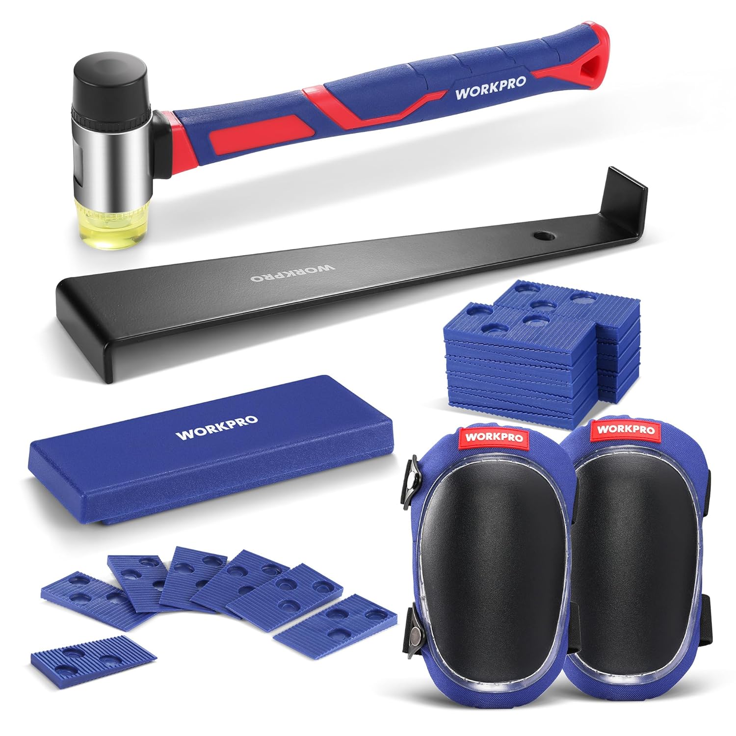 WORKPRO Laminate Flooring Installation Kit- Rubber Mallet with Fiberglass Handle, Flooring Knee Pads, Heavy Duty Pull Bar, Solid Tapping Block And Spacers- Premium Wood Flooring Installation Tool