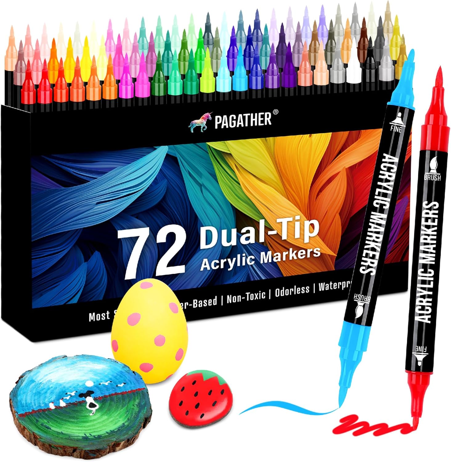 Pagather 72 Colors Acrylic Paint Markers, Dual Tip with Fine Tip and Brush Tip Pens for Stone, Wood, Calligraphy, Canvas, Ceramic, Metal, Glass, Rock Painting, DIY Crafts