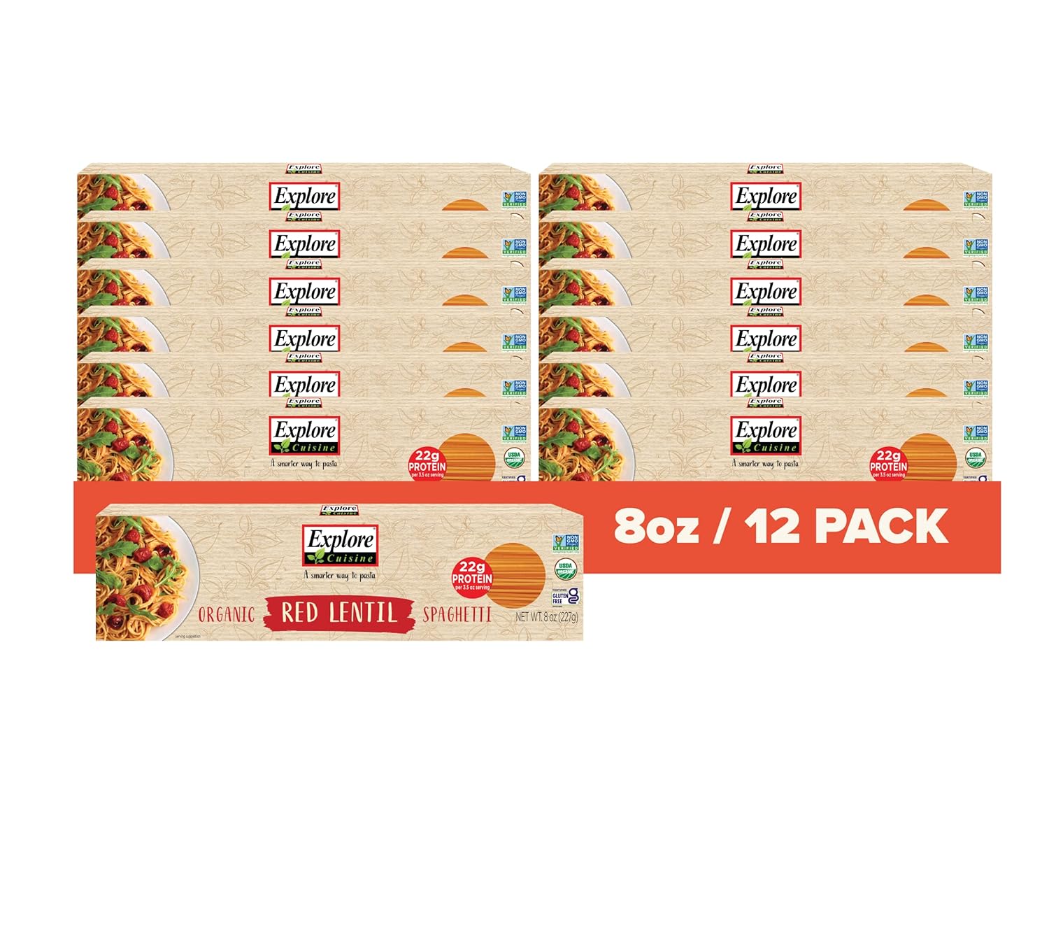 Explore Cuisine Organic Red Lentil Spaghetti - 8 oz, Pack of 12 - Easy-to-Make Pasta - High in Plant-Based Protein - Non-GMO, Gluten Free, Vegan
