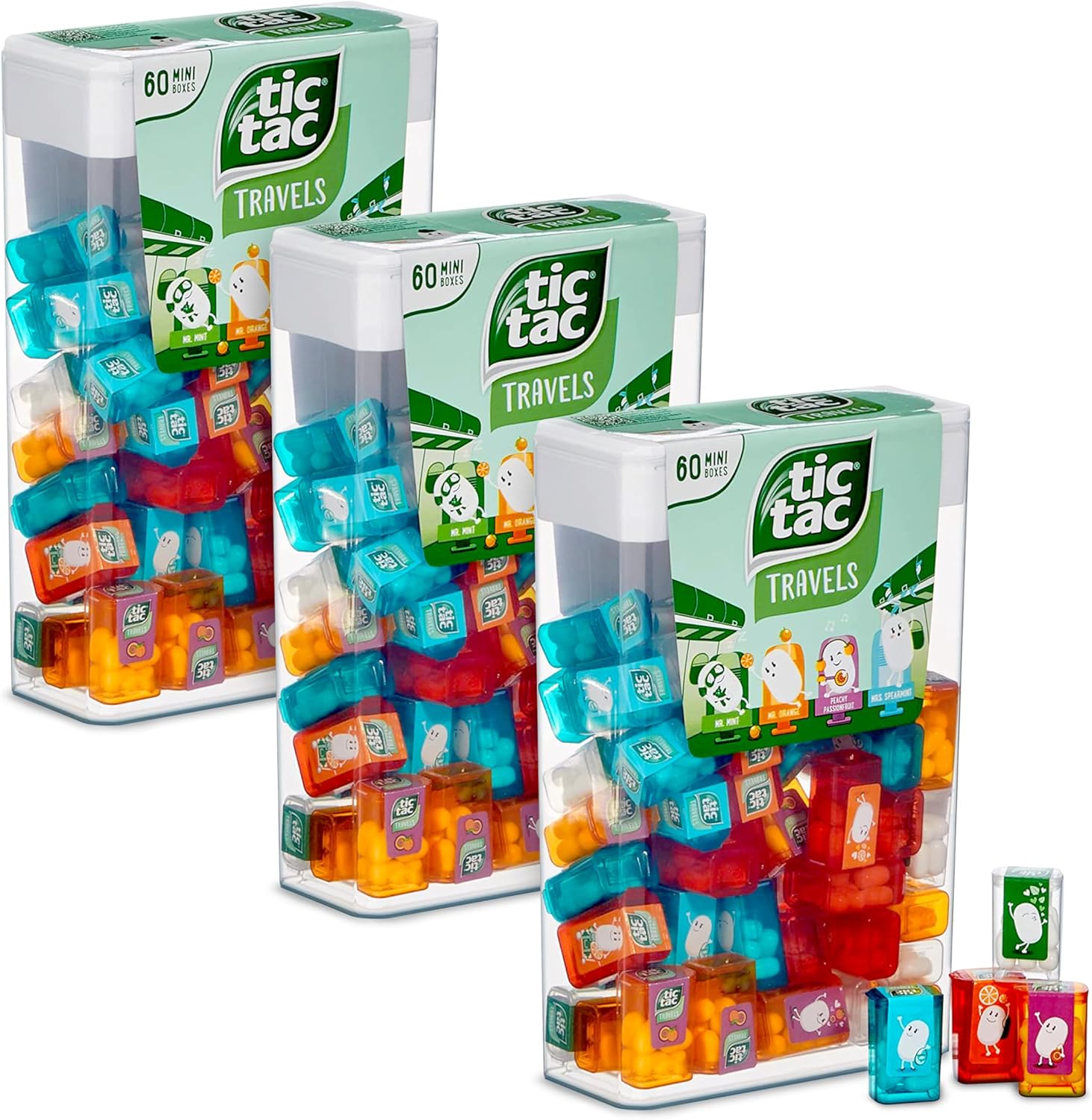 Tic Tac Travels Set: 3 large boxes with 60 mini boxes of 3.8 g each in fruit & mint flavours - ideal for travelling, for treats and as a creative gift idea
