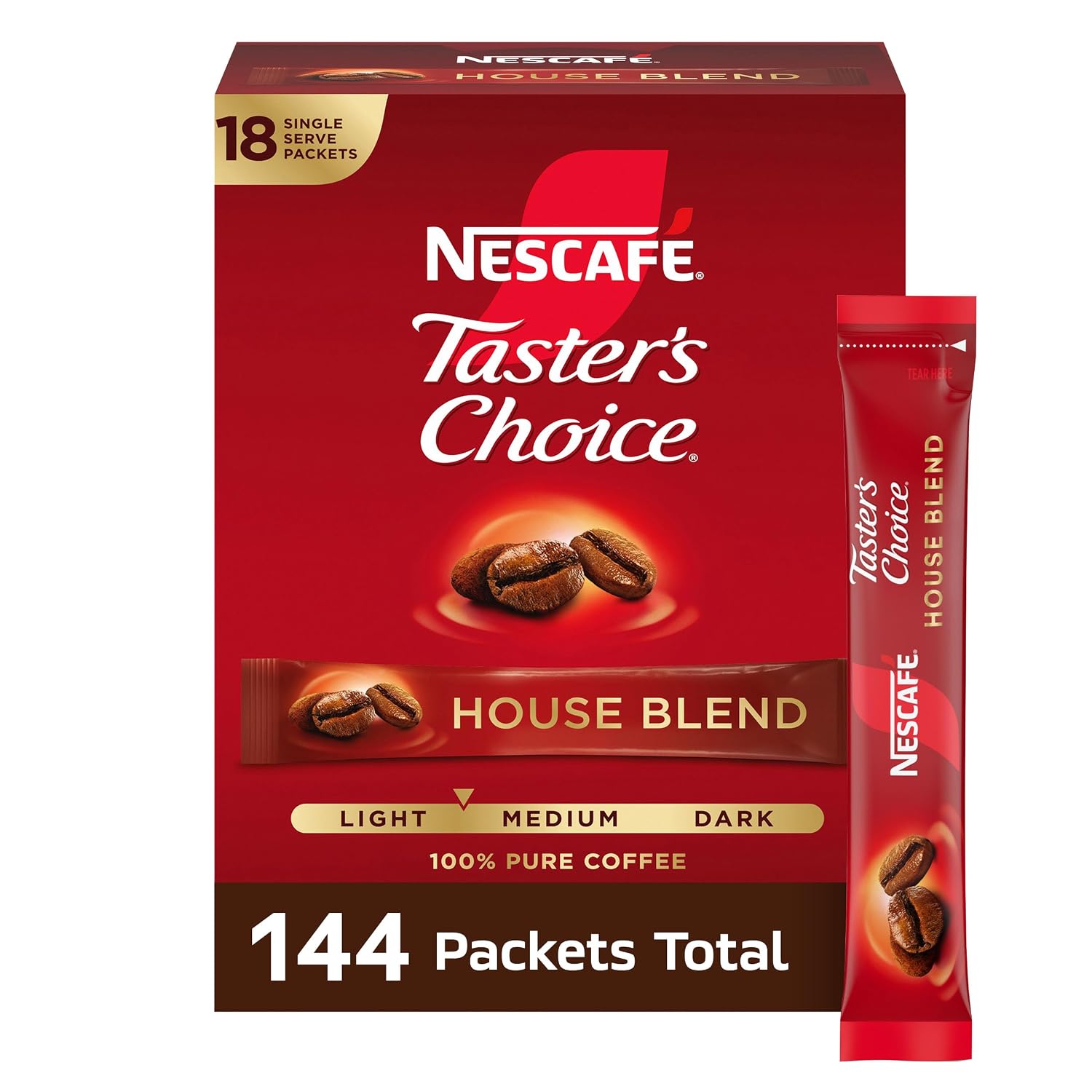 NESCAFÉ Taster's Choice, Instant Coffee Packets, Light Medium Roast Coffee, House Blend, 8 Boxes (144 Packets)