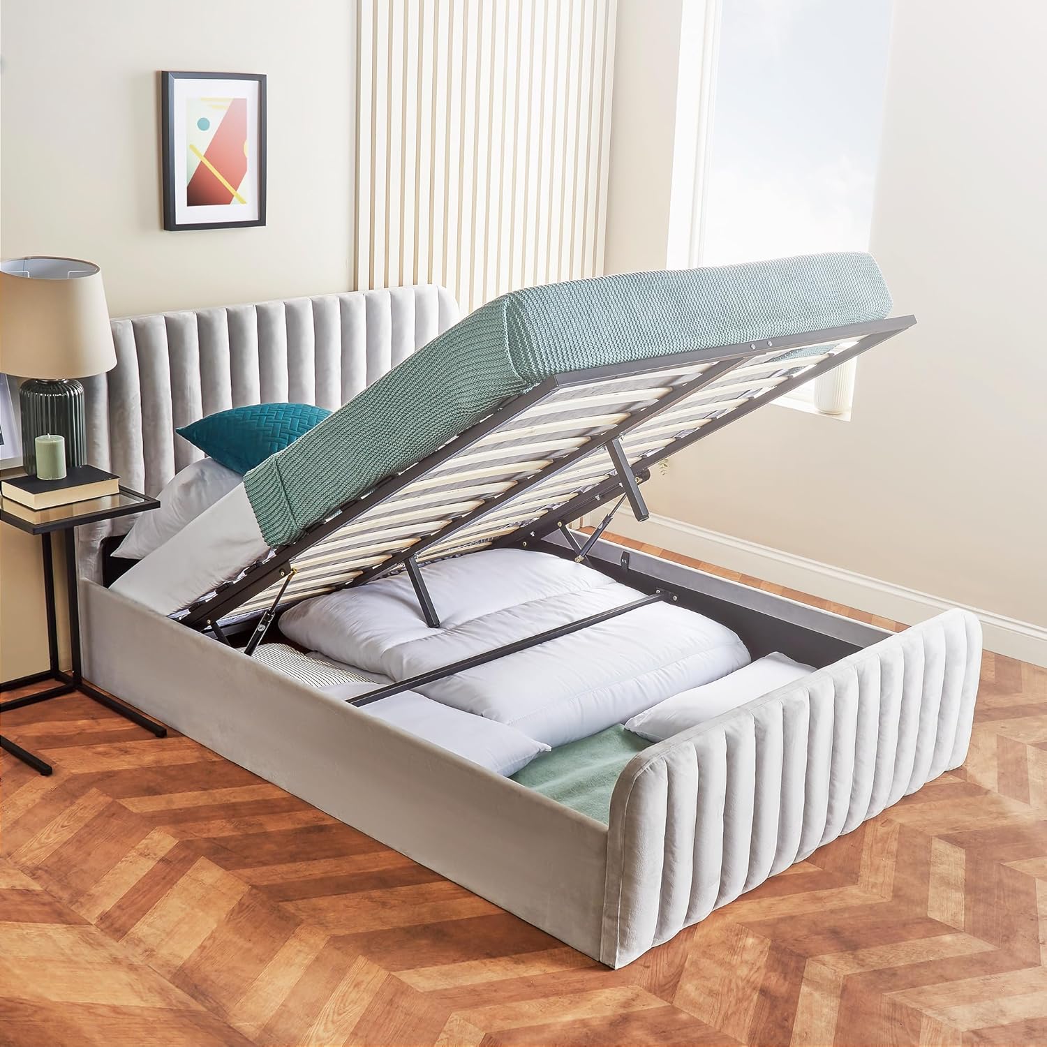 Home Treats Ottoman Bed Frame Double | Storage Bed 4ft6 | Luxury Padded Velvet Upholstery Bed With Storage (No Mattress, Double)...