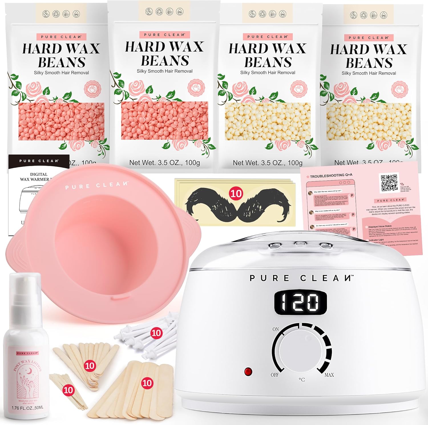 PURECLEAN White Waxing Kit - Fast Heating Digital Wax Pot - 4 Packs Waxing Beads, Post Wax Lotion, Silicone Bowl - 59 Items for All Hair Types- Face Brazilian Bikini Body