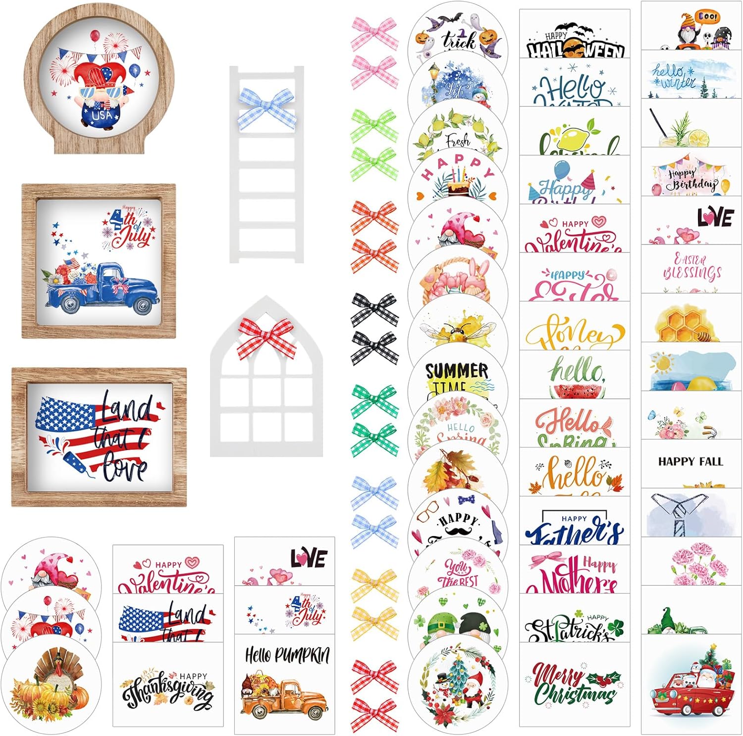 Bencailor 48 Pcs Interchangeable Seasonal Farmhouse Tiered Tray Decor Set Include Wood Frames with Ladders Cards Bow Knot,Tray Not Included(Year Round Seasonal)