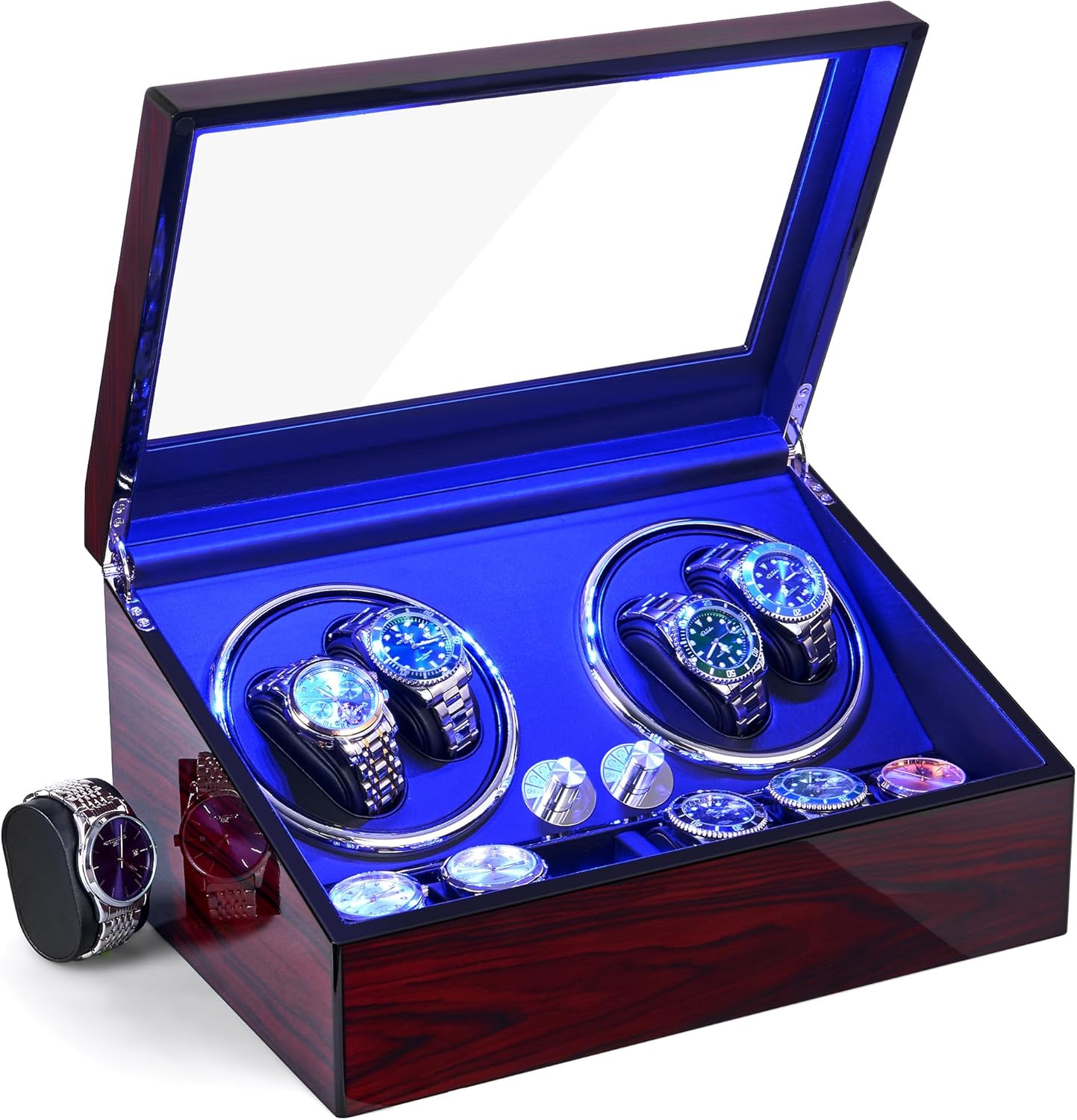 ANWBROAD Watch Winder for Automatic Watches 4 Watch Rotator and 6 Extra Storages with Super Quiet Mabuchi Motor LED Backlight Watch Turner Piano Paint Watch Shaker 5 Rotating Modes Gift USB JWW002Y