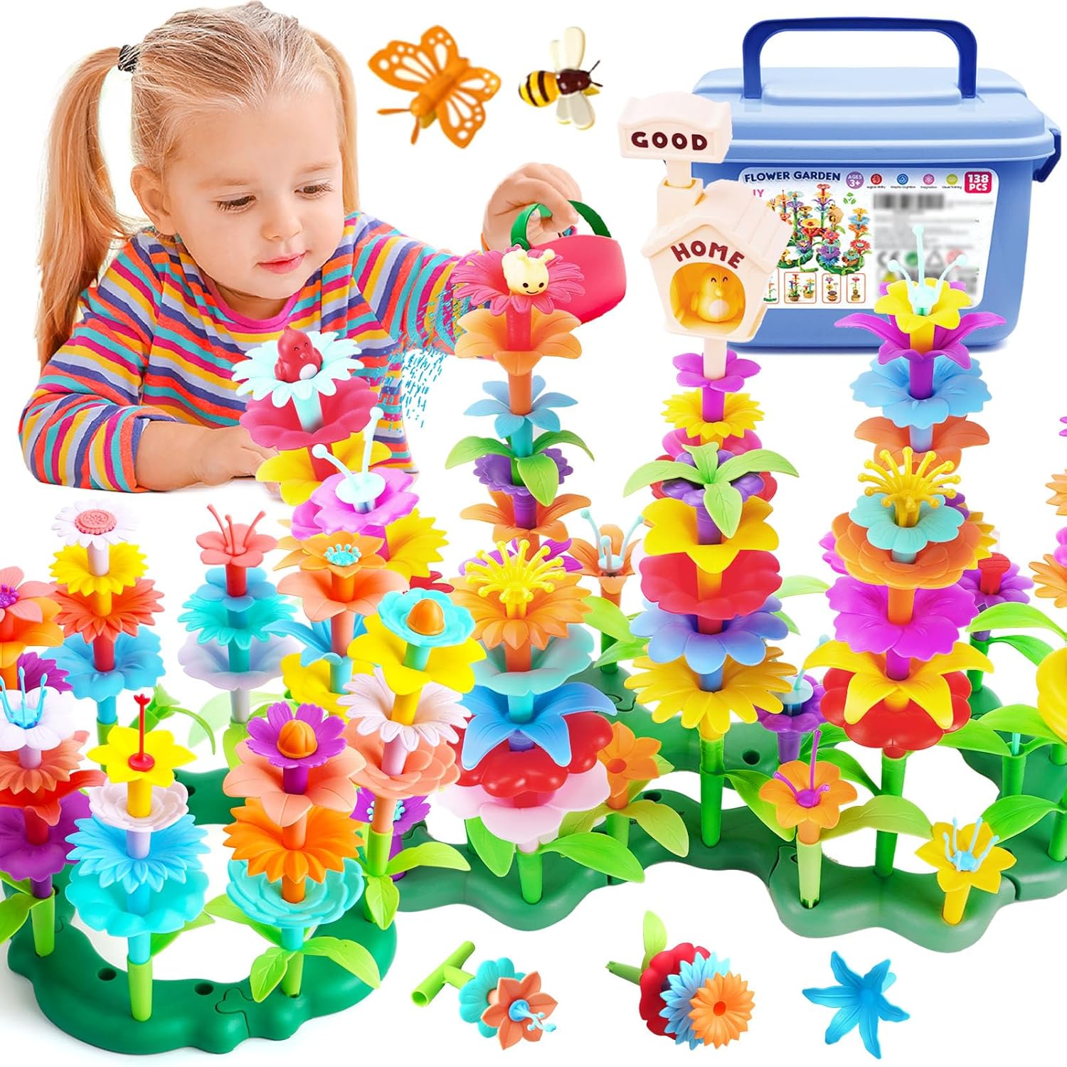 FUNZBO 138pcs Flower Garden Building Set - Christmas Spring Toys for 3 4 5 6 7 Years Old Girl, Sorting & Stacking Building Block, STEM Montessori Educational Toy for Kid Toddler Birthday Gift