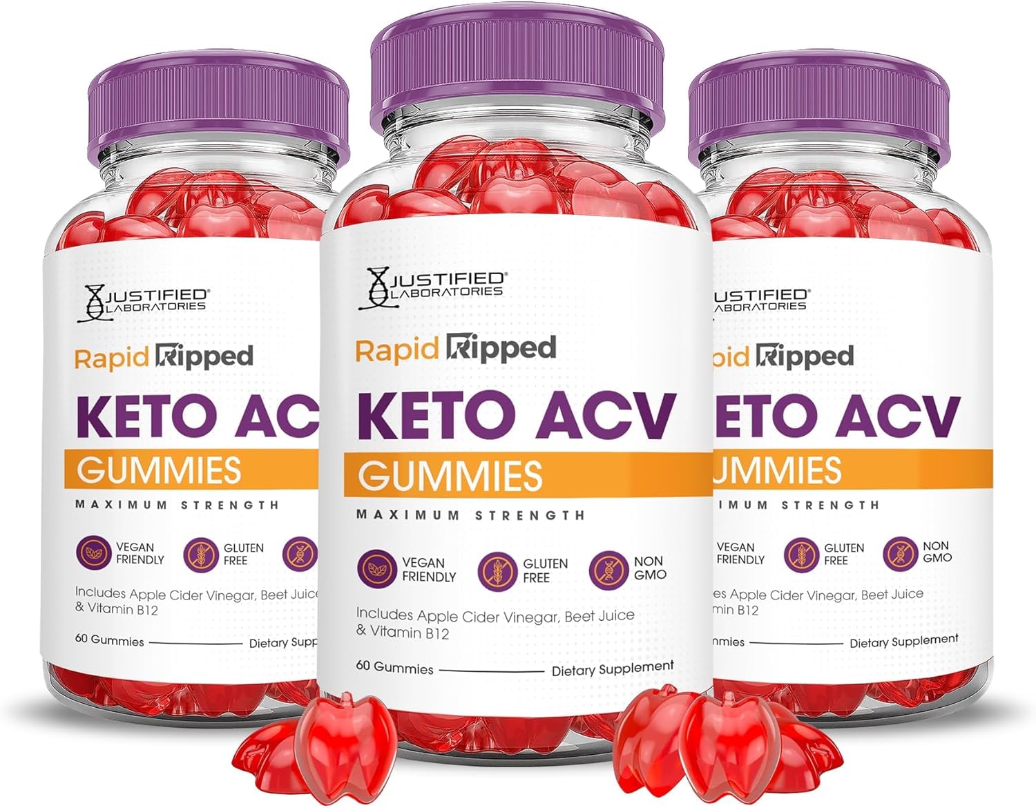 Justified Laboratories (3 Pack Rapid Ripped Keto ACV Vegan Non GMO 180 Gummies