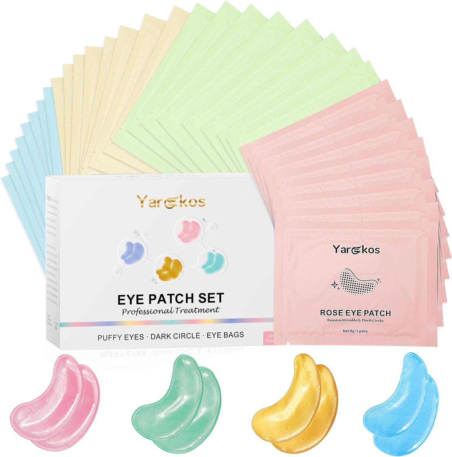 32 Pairs 4 Color Under Eye Patches, Collagen Undereye Pads, Hydrating Eye Masks for Anti Wrinkles Puffy Eyes Dark Circles, Puffiness Eye Bags Gel Pads, Travel Skincare Set, 24K Gold+Blue+Pink+Green