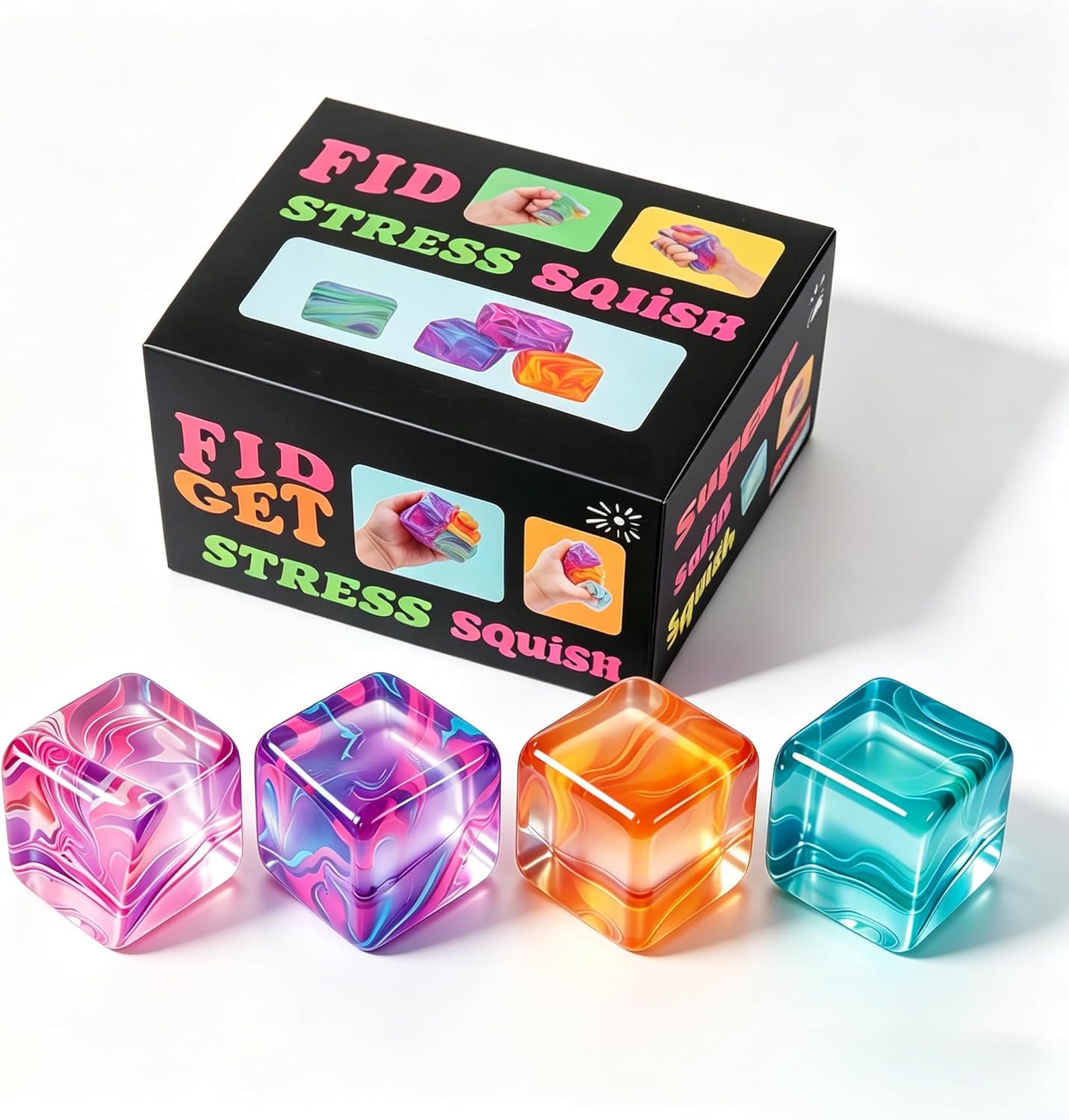 4 Pack Fidget Toys Squishy Stress Cube -Ice Cube Sensory Ball,Squishy Stress Relief Toys, Autism Fidget, Classroom Prize, Squishy Fidget Toys, Stress Balls for Adults & Kids