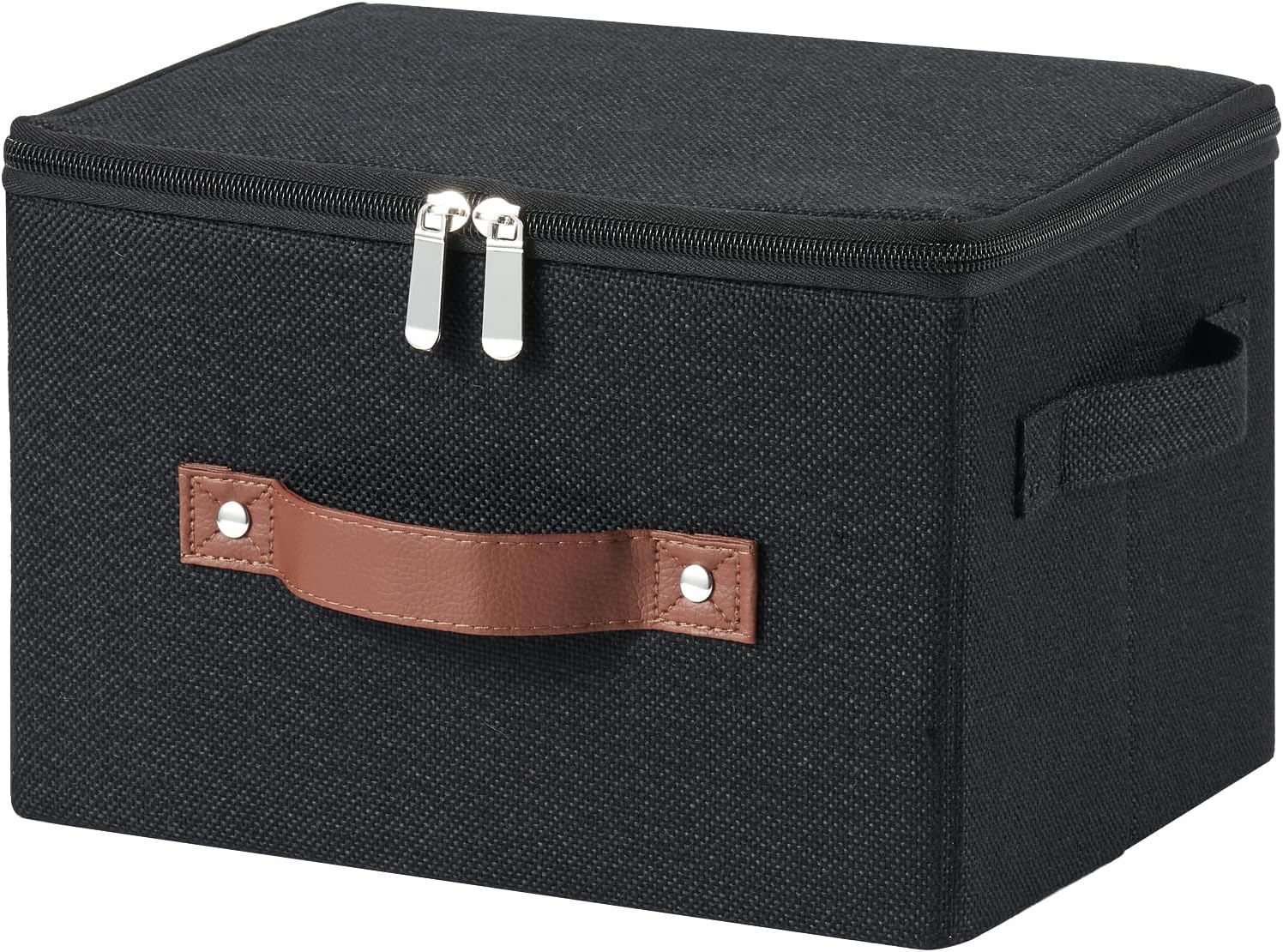 Storage Bins with Zipper Lid Cotton Linen Fabric Lidded Storage Baskets Boxes Foldable Washable Closet Shelf Clothes Organizer Container with PU Leather Handles (Black, Small Size)