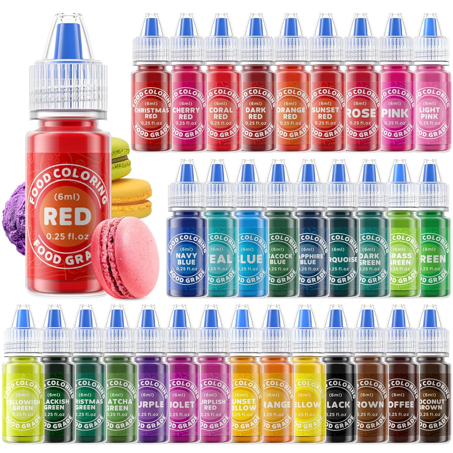 Food Coloring - 33 Food Grade Vibrant Colors Food Coloring Liquid Set, Food Dye Color for Baking, Icing, Cookie, Cake Decorating, Easter Egg, DIY Making Supplies Kit (0.25 Fl Oz (Pack of 33))